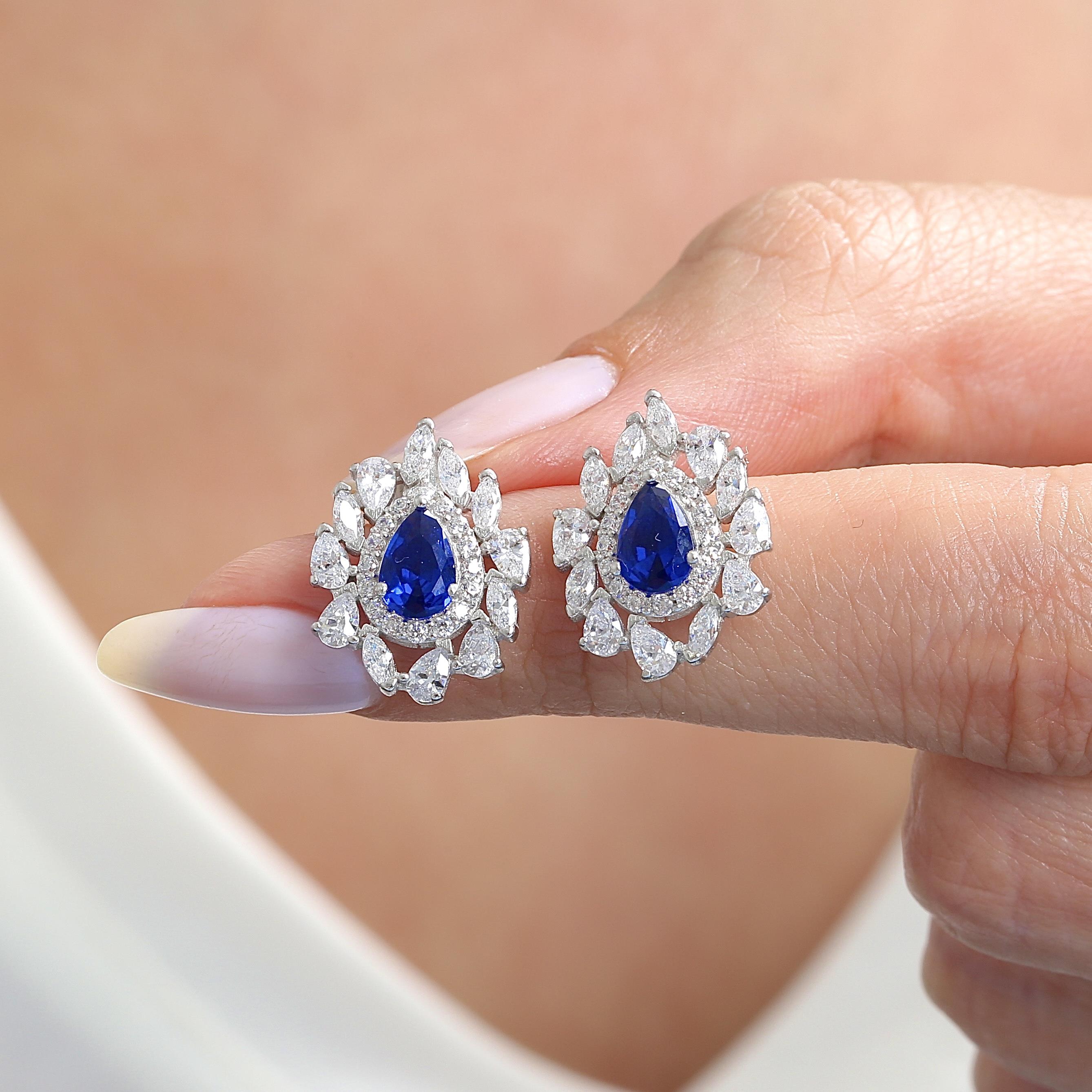 Effective Diamond Istanbul Splendor Synthetic Sapphire 925 Sterling Silver Earrings