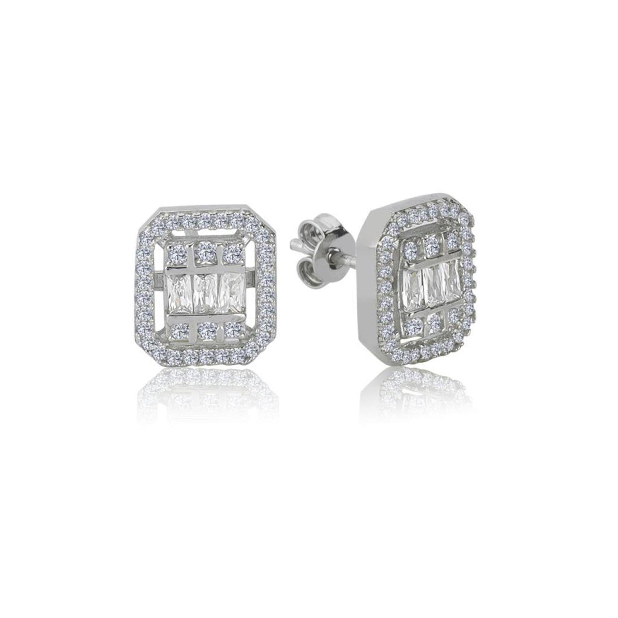 Effective Diamond New Baguette Avant-Garde Solitaire 925 Sterling Silver Earrings