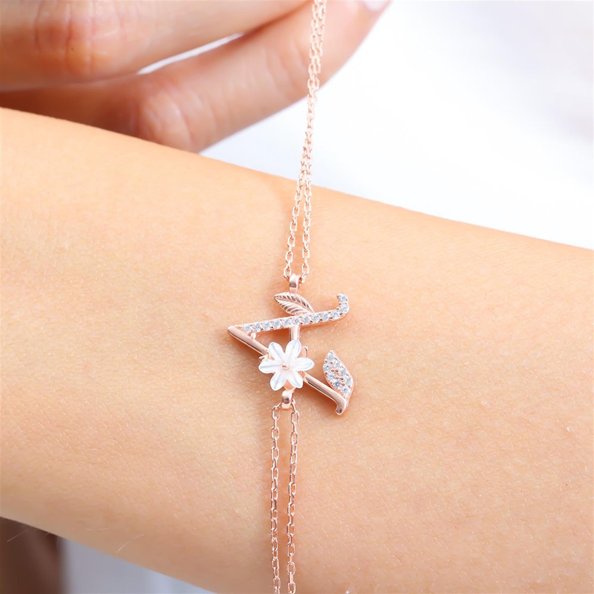 Sparkling Magnolia Flower Rose Gold 925 Sterling Silver Letter Bracelet
