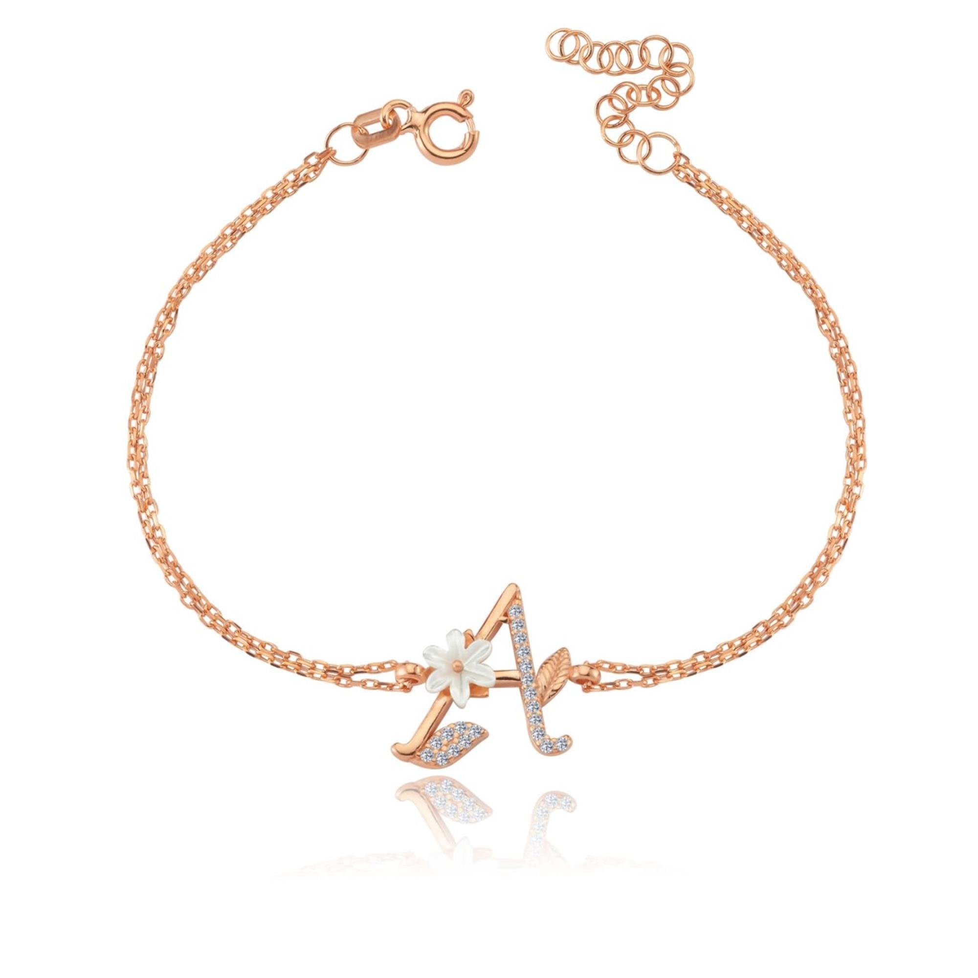 Sparkling Magnolia Flower Rose Gold 925 Sterling Silver Letter Bracelet
