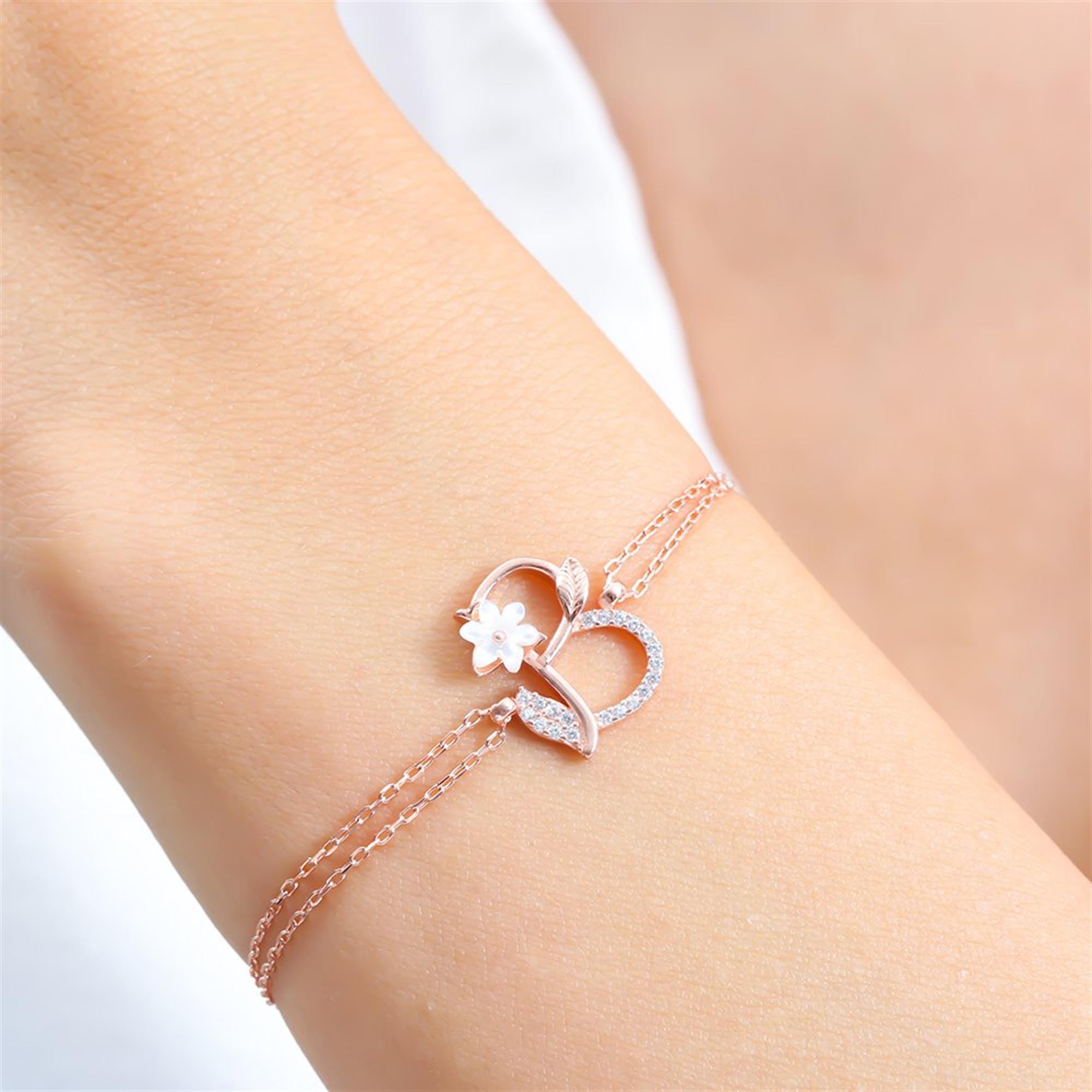 Sparkling Magnolia Flower Rose Gold 925 Sterling Silver Letter Bracelet