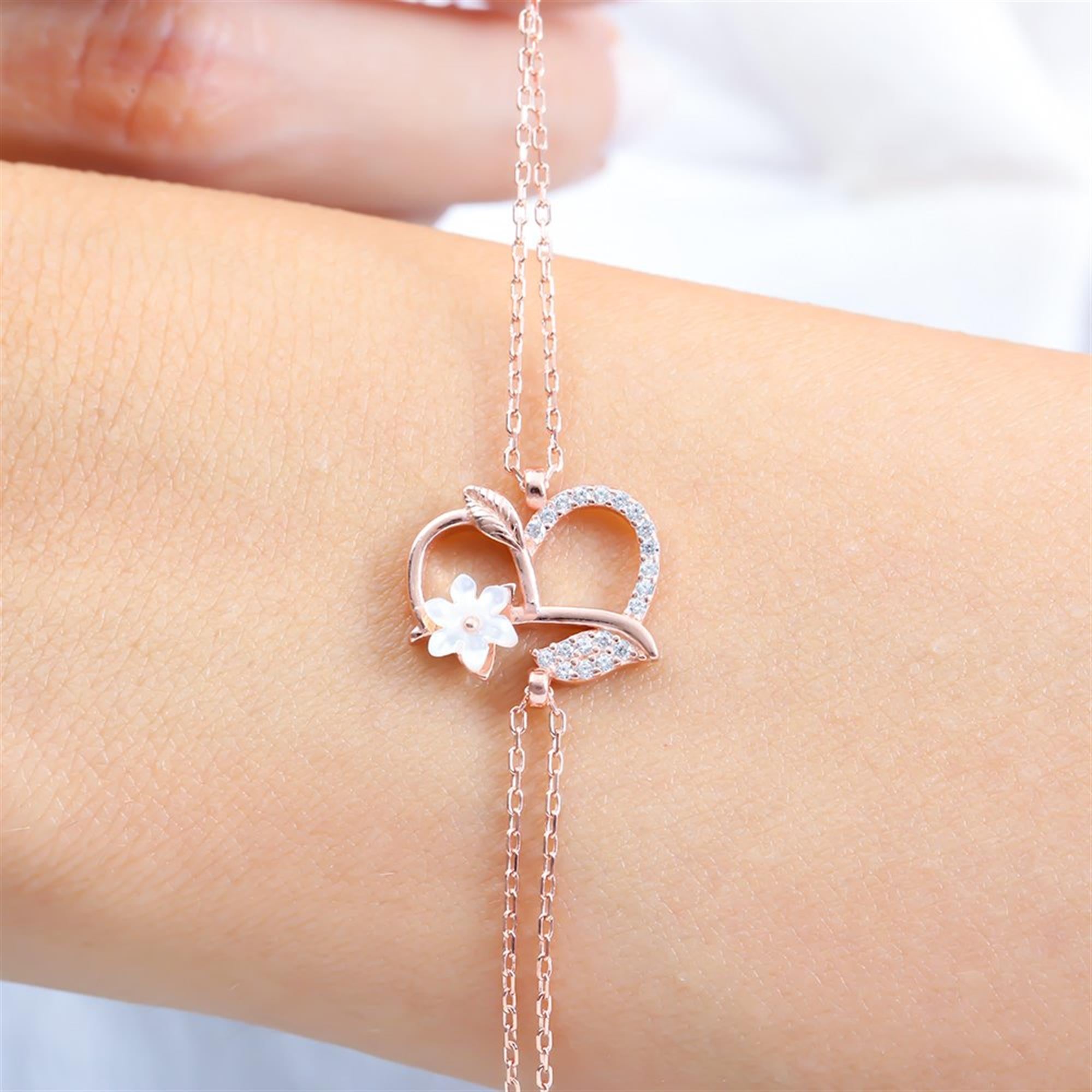 Sparkling Magnolia Flower Rose Gold 925 Sterling Silver Letter Bracelet