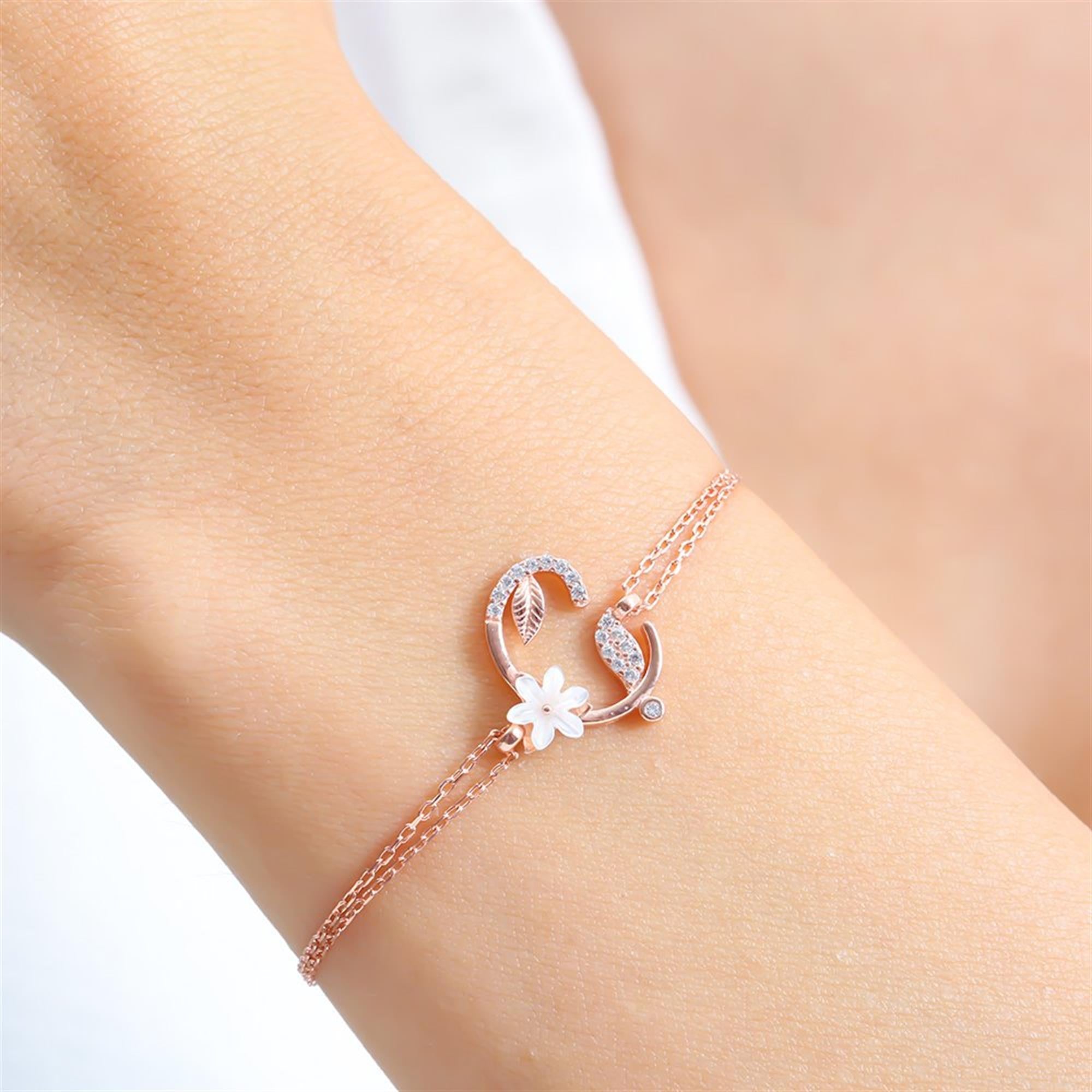 Sparkling Magnolia Flower Rose Gold 925 Sterling Silver Letter Bracelet