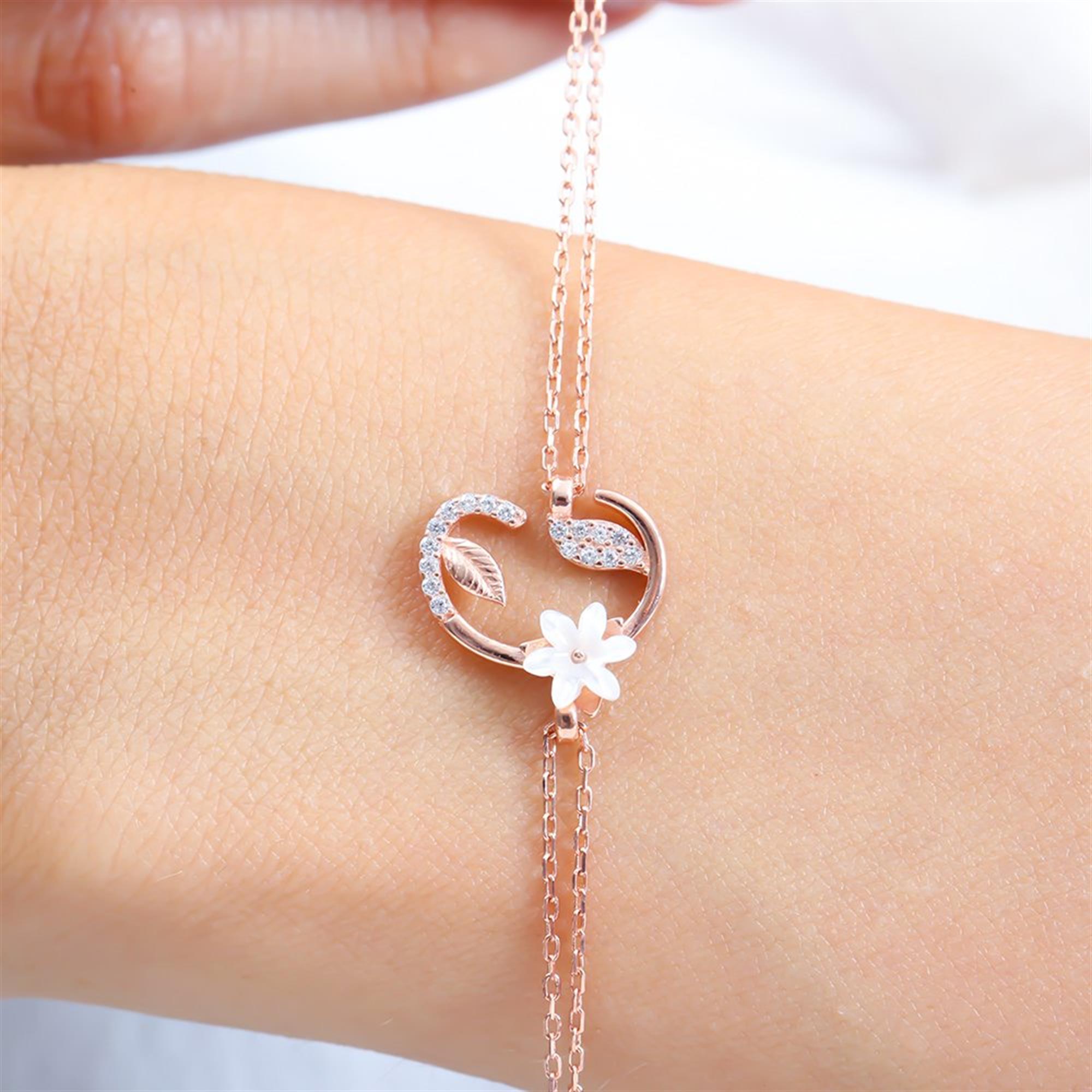 Sparkling Magnolia Flower Rose Gold 925 Sterling Silver Letter Bracelet
