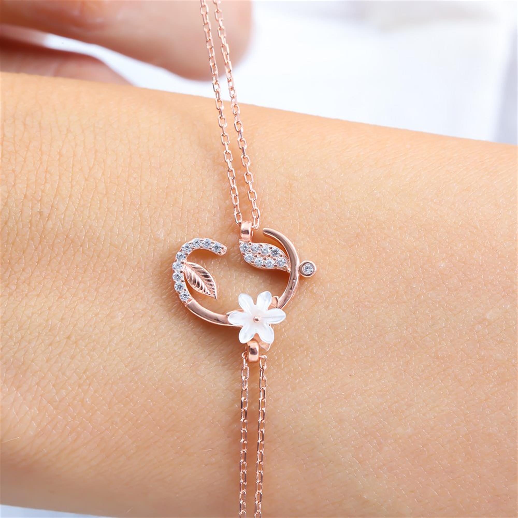 Sparkling Magnolia Flower Rose Gold 925 Sterling Silver Letter Bracelet