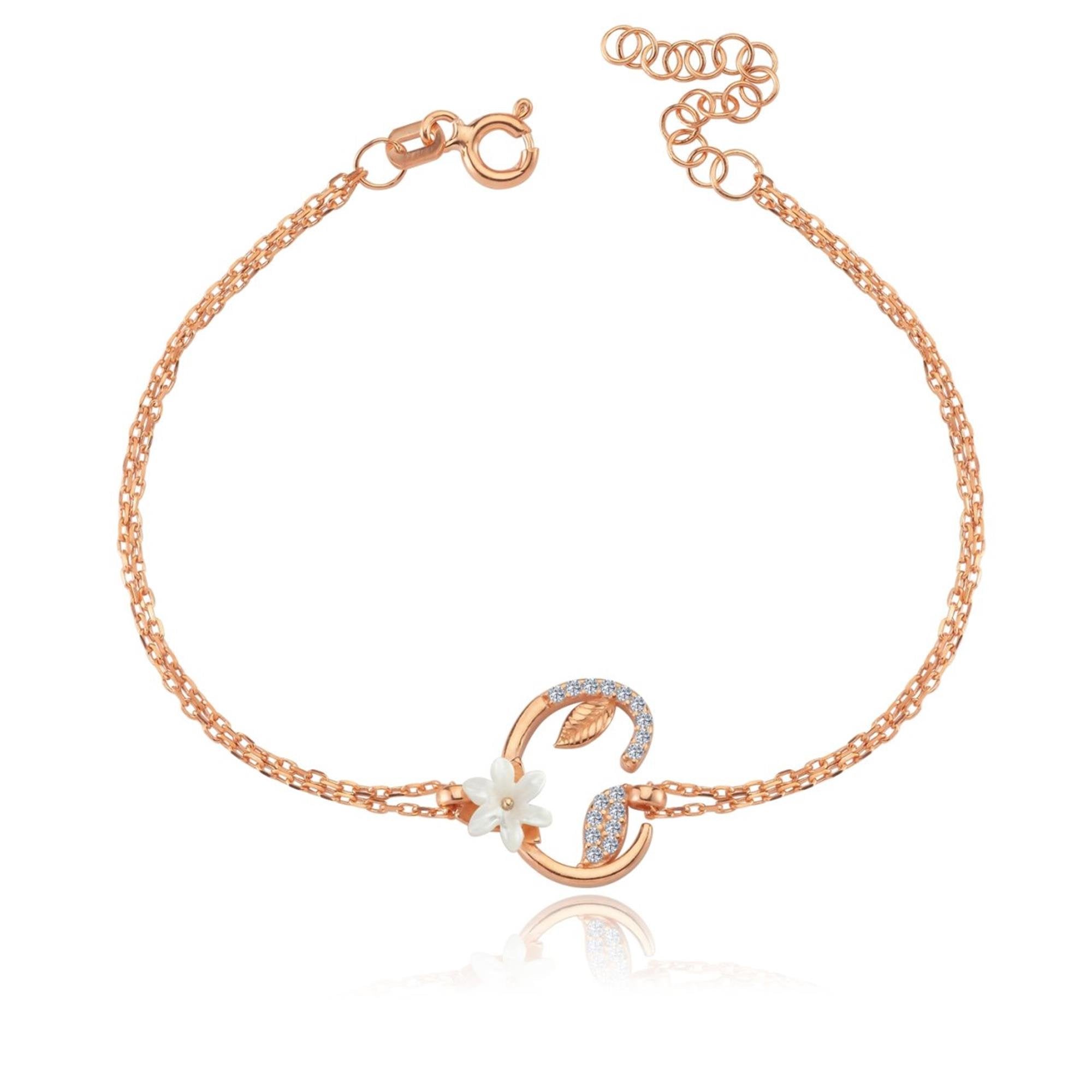 Sparkling Magnolia Flower Rose Gold 925 Sterling Silver Letter Bracelet
