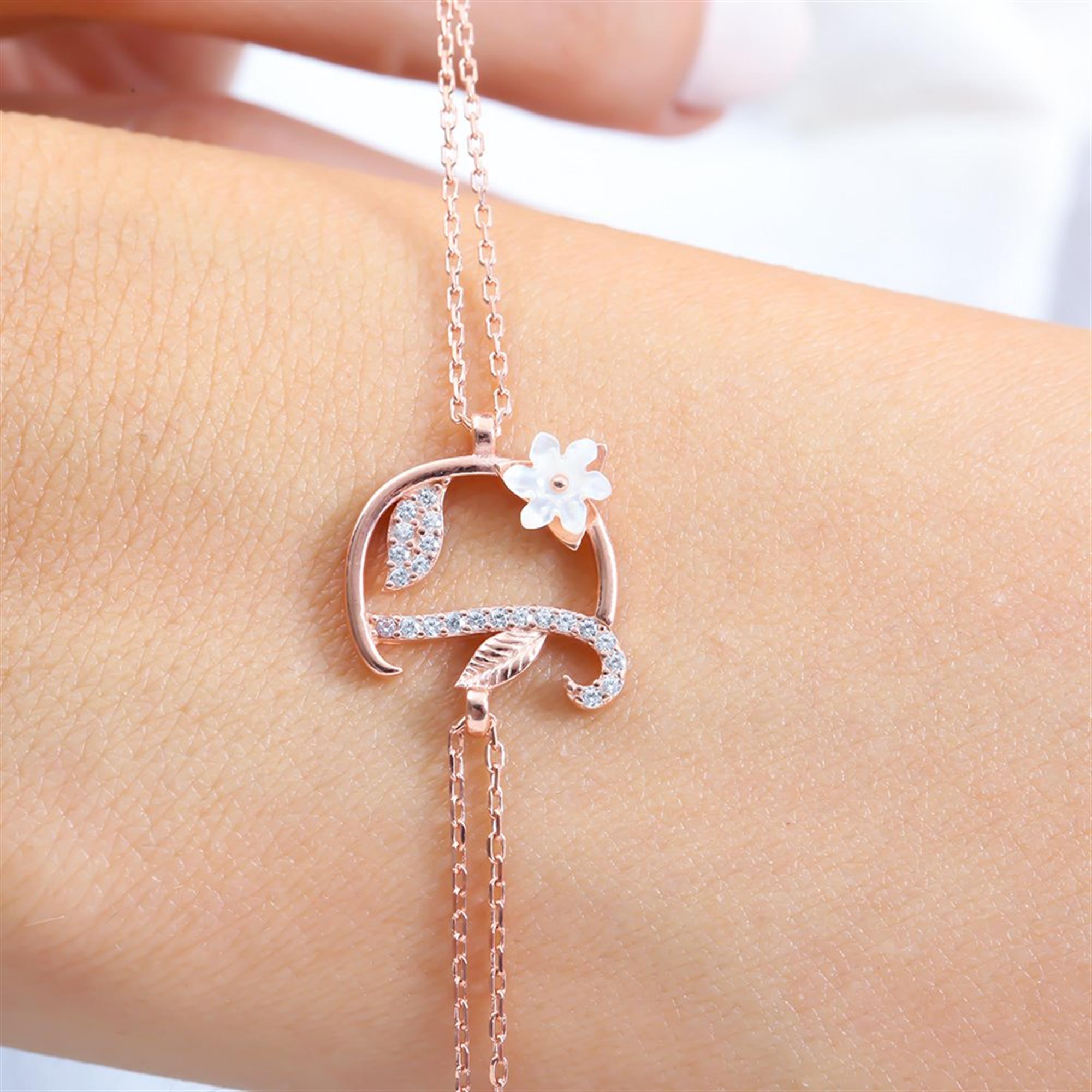 Sparkling Magnolia Flower Rose Gold 925 Sterling Silver Letter Bracelet