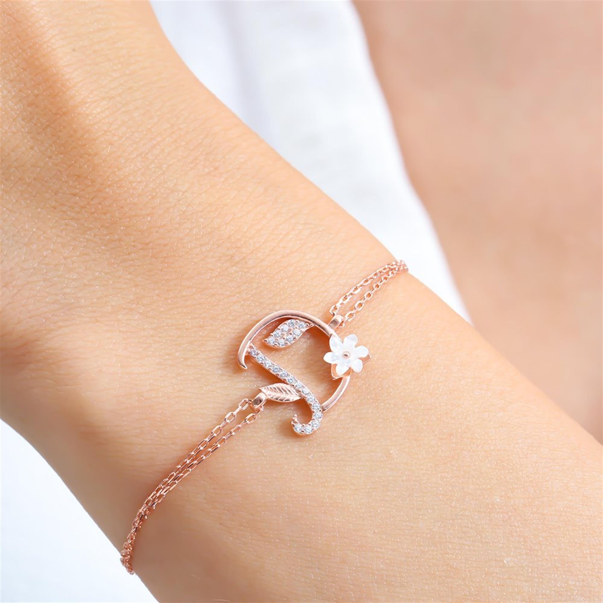 Sparkling Magnolia Flower Rose Gold 925 Sterling Silver Letter Bracelet