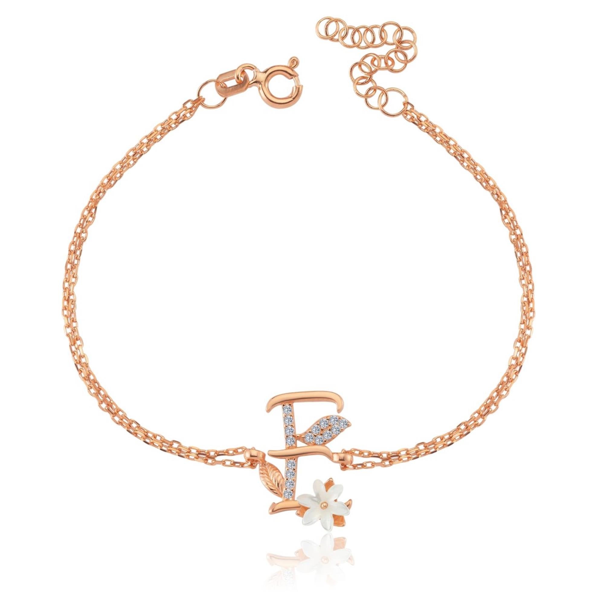 Sparkling Magnolia Flower Rose Gold 925 Sterling Silver Letter Bracelet