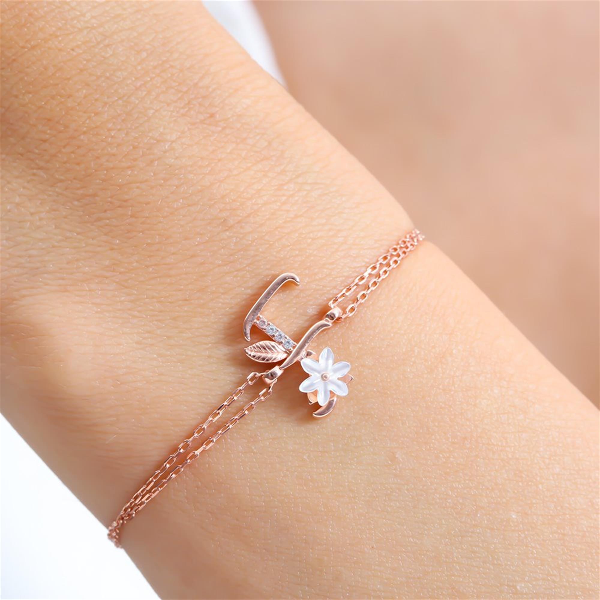 Sparkling Magnolia Flower Rose Gold 925 Sterling Silver Letter Bracelet