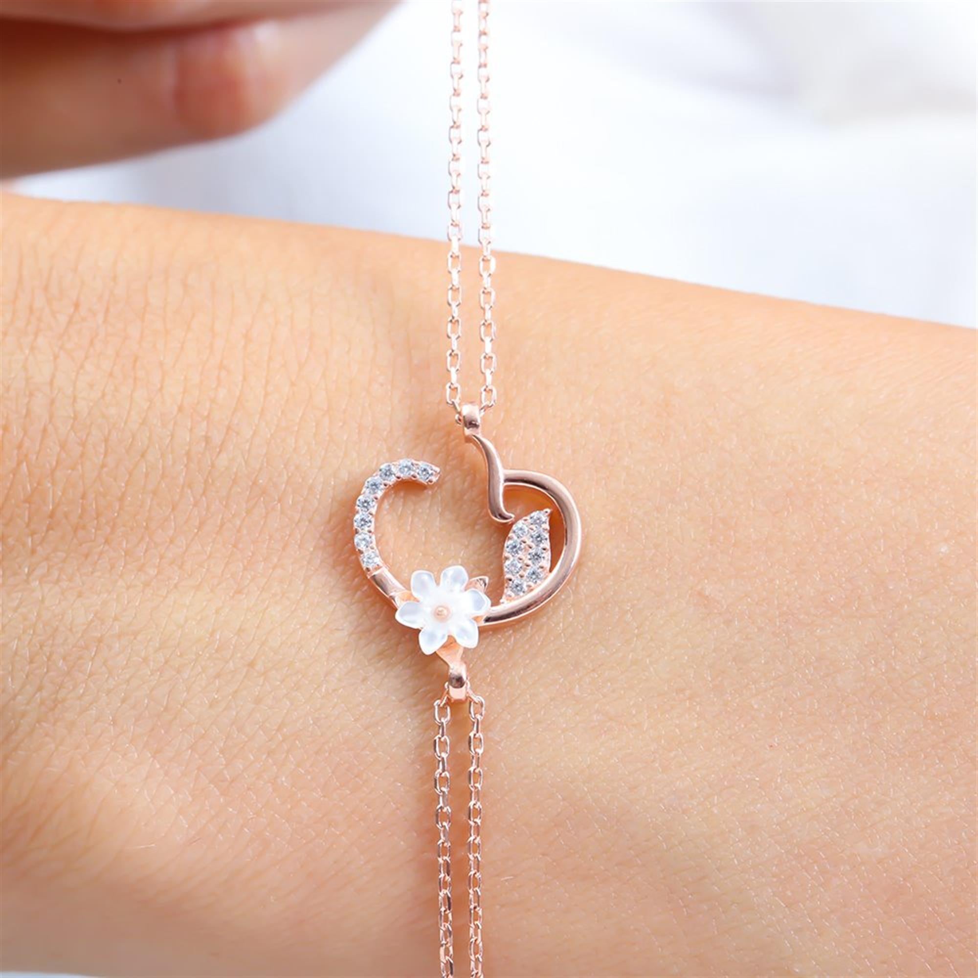 Sparkling Magnolia Flower Rose Gold 925 Sterling Silver Letter Bracelet