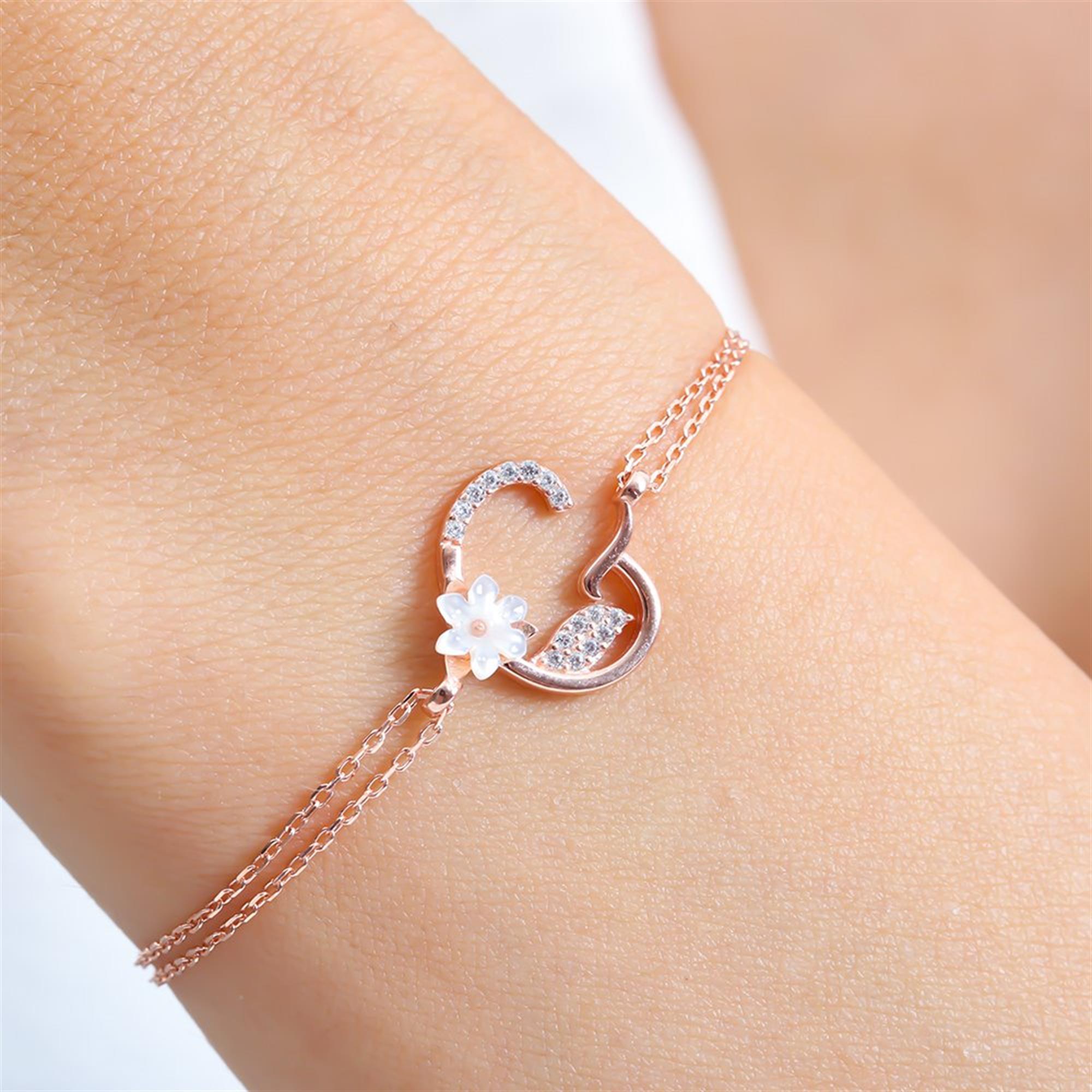 Sparkling Magnolia Flower Rose Gold 925 Sterling Silver Letter Bracelet