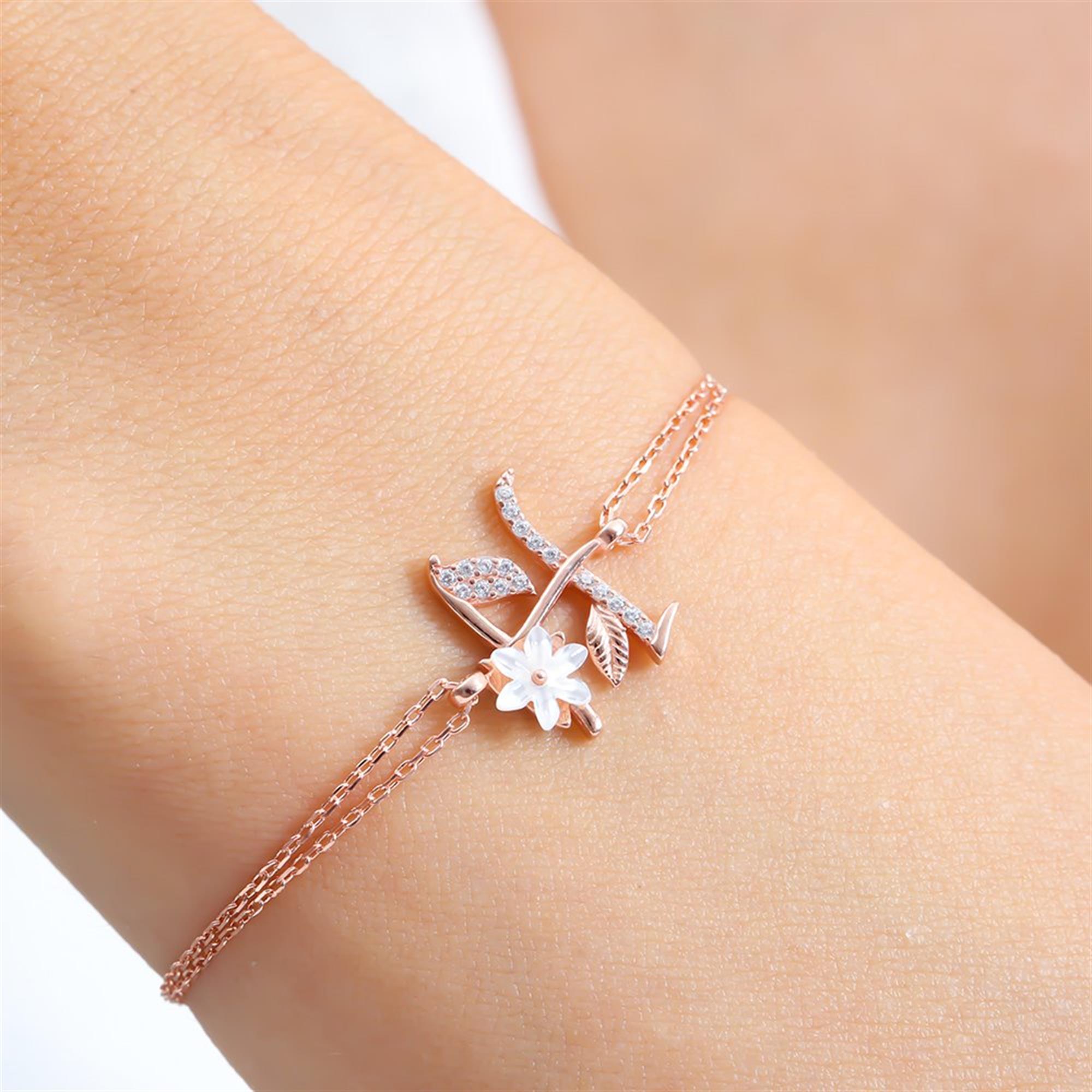 Sparkling Magnolia Flower Rose Gold 925 Sterling Silver Letter Bracelet