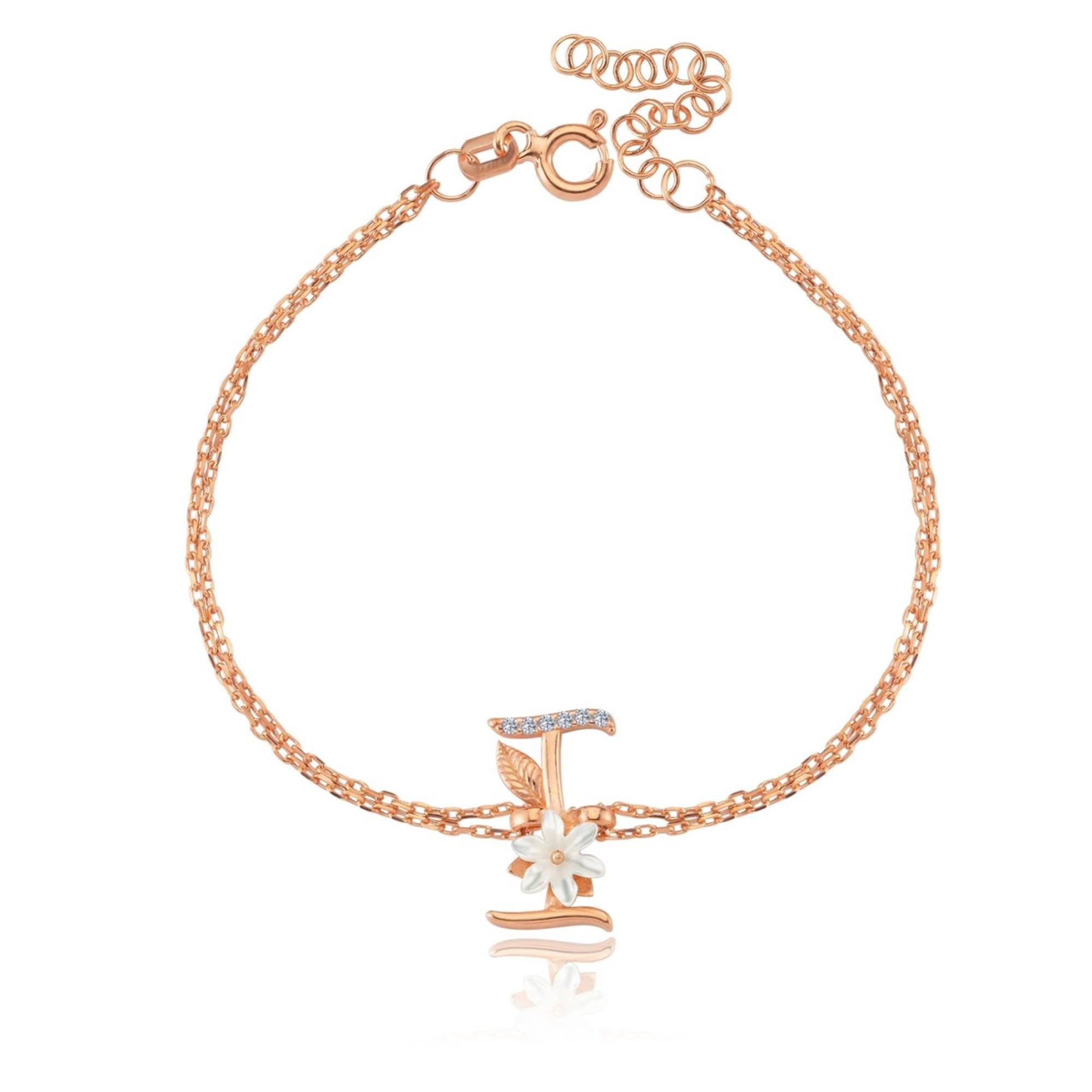 Sparkling Magnolia Flower Rose Gold 925 Sterling Silver Letter Bracelet