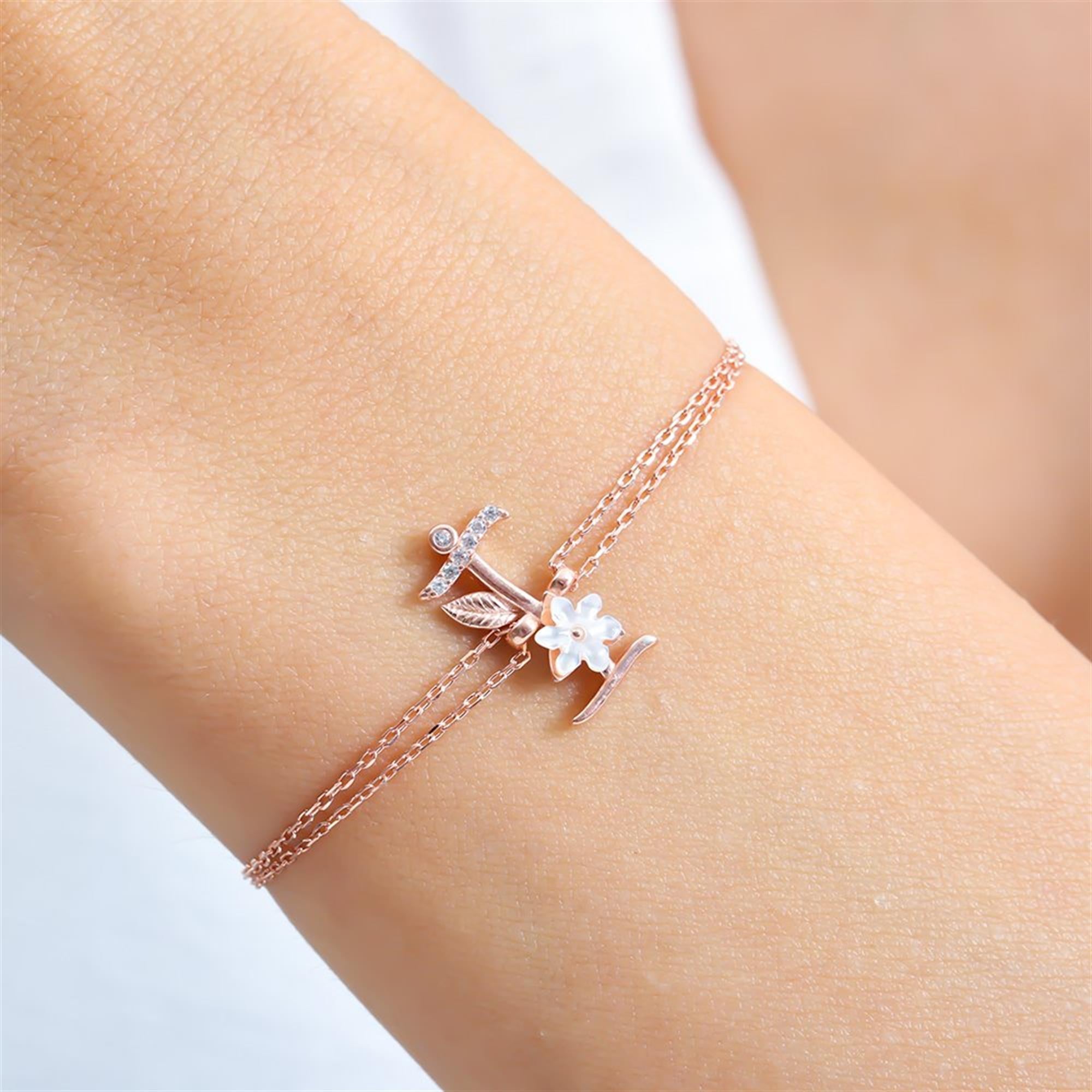 Sparkling Magnolia Flower Rose Gold 925 Sterling Silver Letter Bracelet