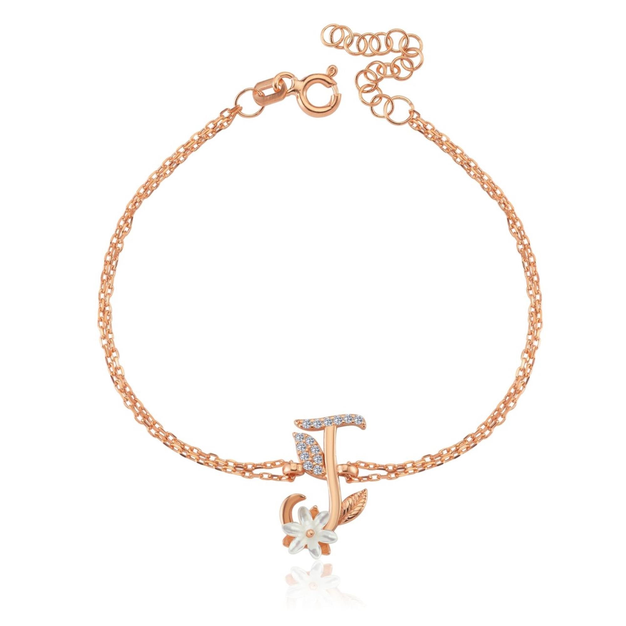 Sparkling Magnolia Flower Rose Gold 925 Sterling Silver Letter Bracelet