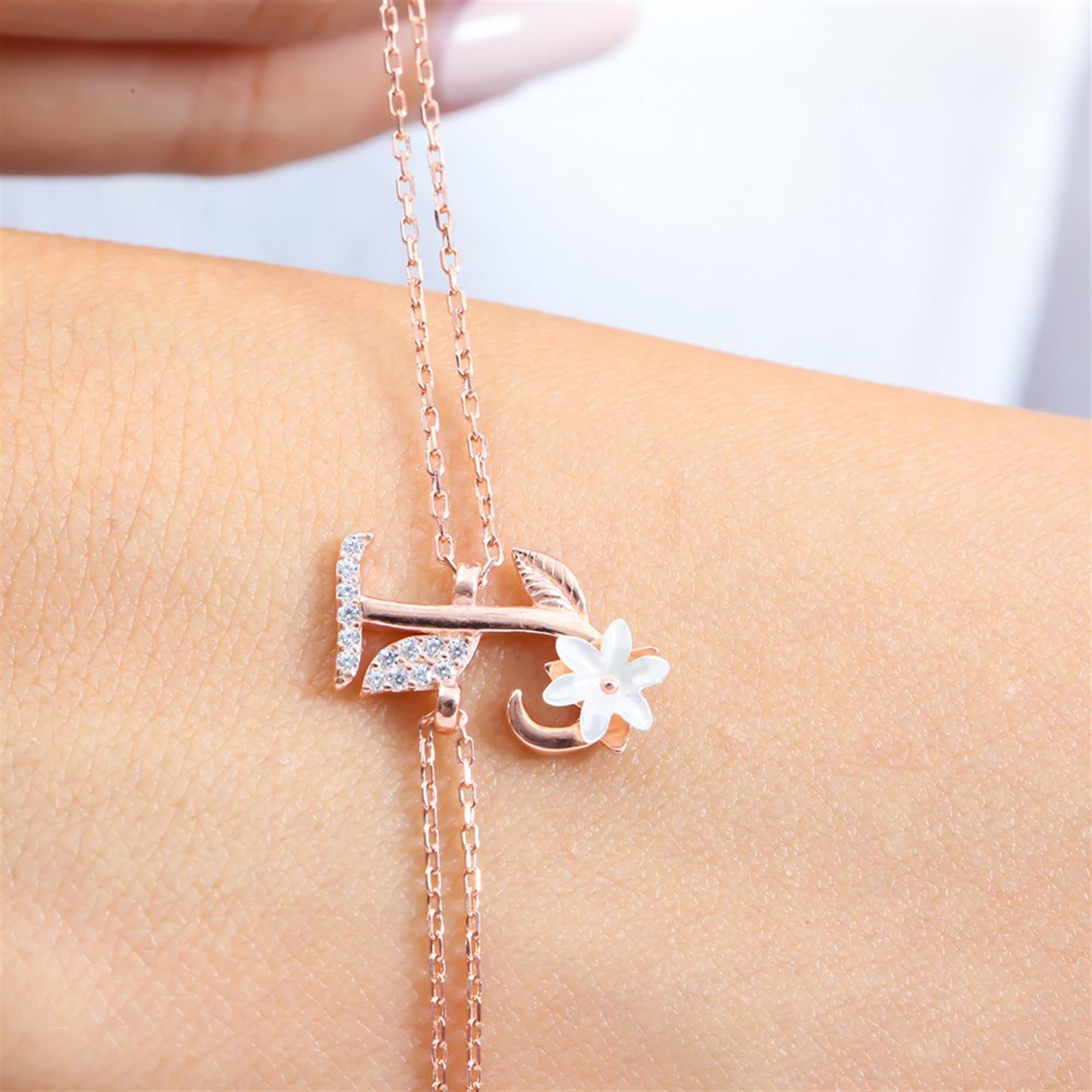 Sparkling Magnolia Flower Rose Gold 925 Sterling Silver Letter Bracelet