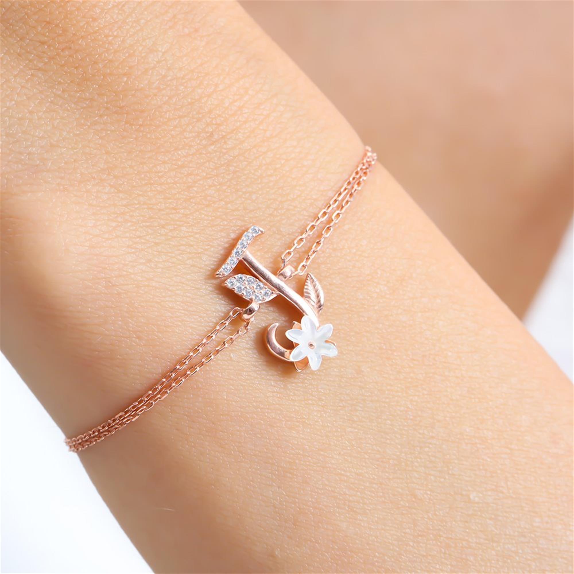 Sparkling Magnolia Flower Rose Gold 925 Sterling Silver Letter Bracelet