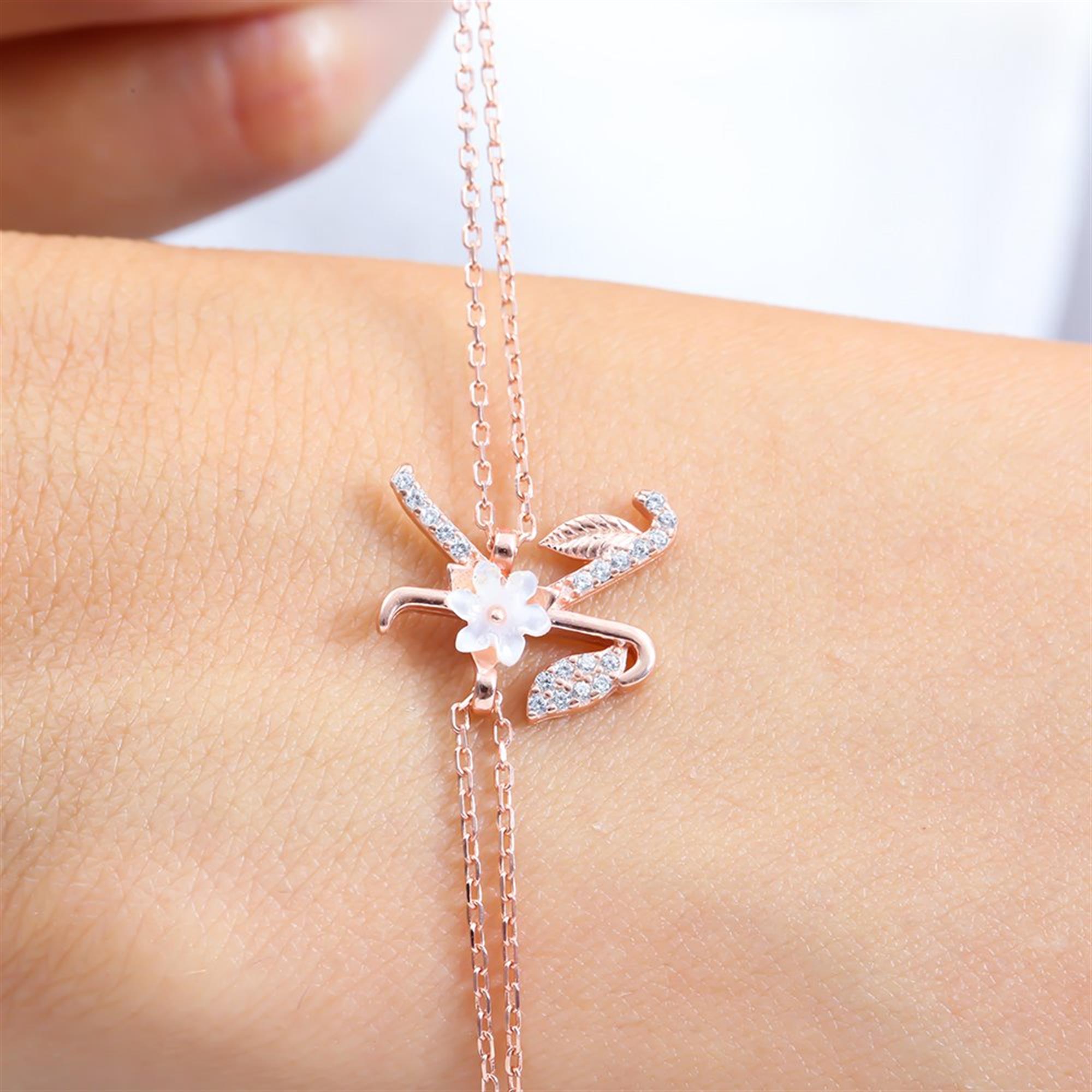 Sparkling Magnolia Flower Rose Gold 925 Sterling Silver Letter Bracelet
