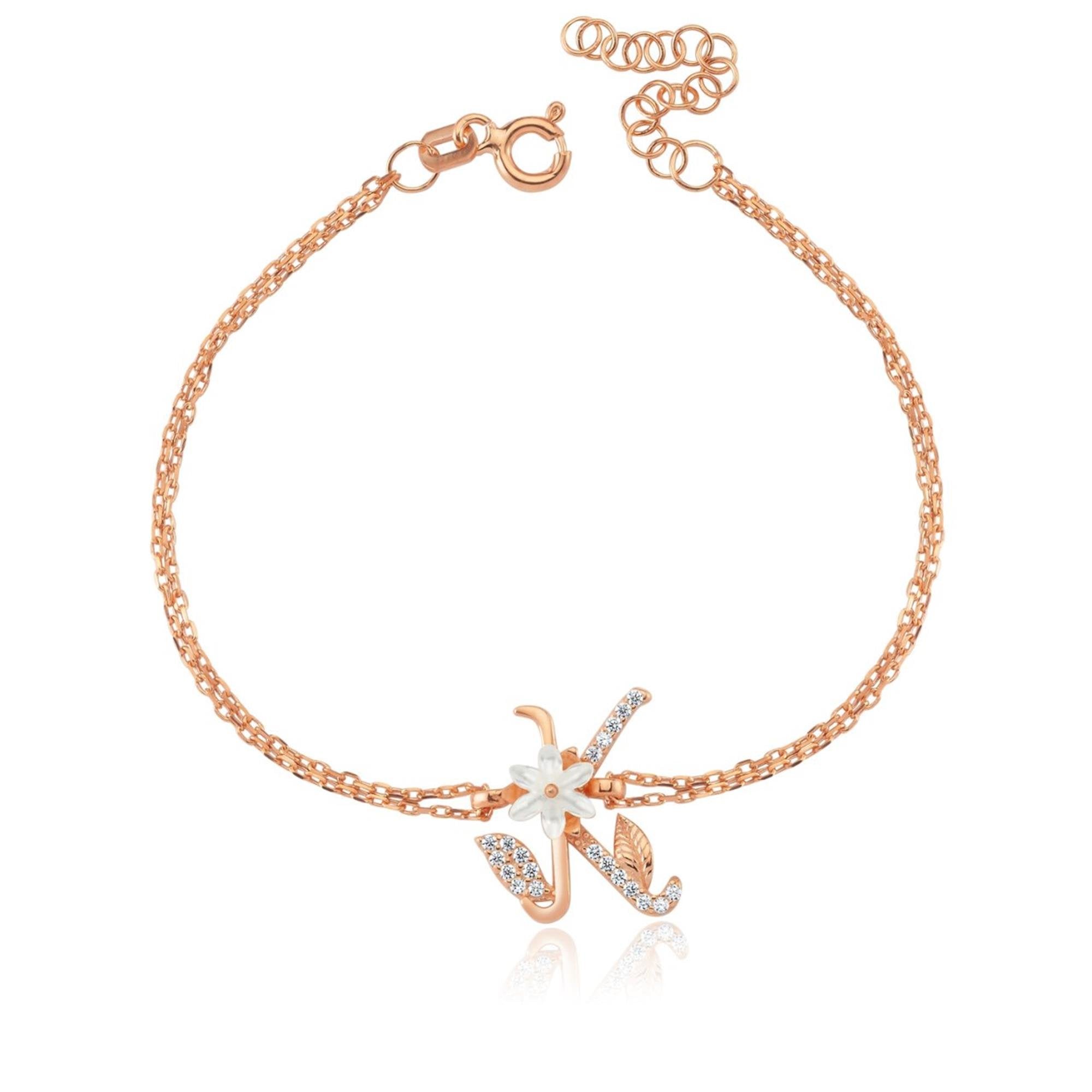 Sparkling Magnolia Flower Rose Gold 925 Sterling Silver Letter Bracelet