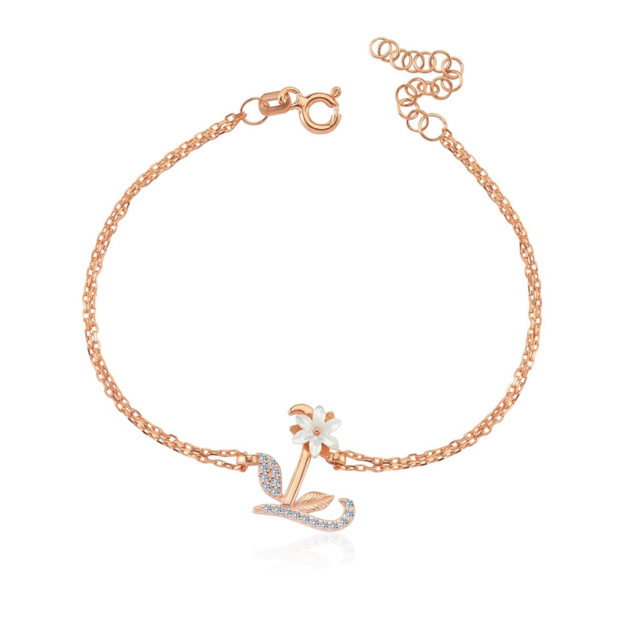 Sparkling Magnolia Flower Rose Gold 925 Sterling Silver Letter Bracelet