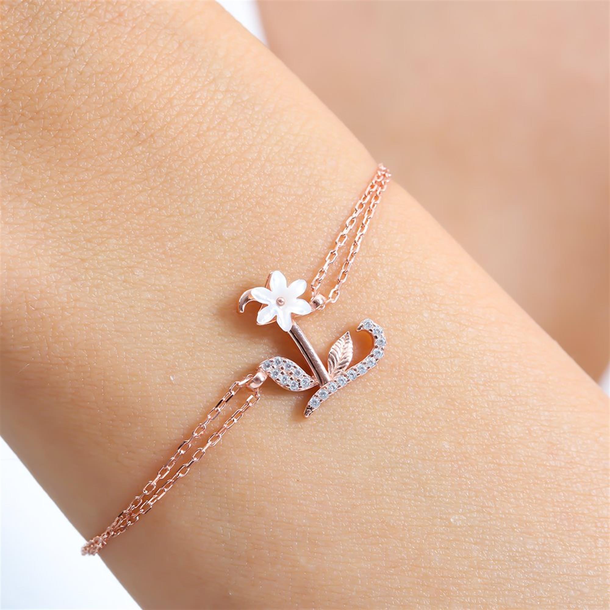 Sparkling Magnolia Flower Rose Gold 925 Sterling Silver Letter Bracelet