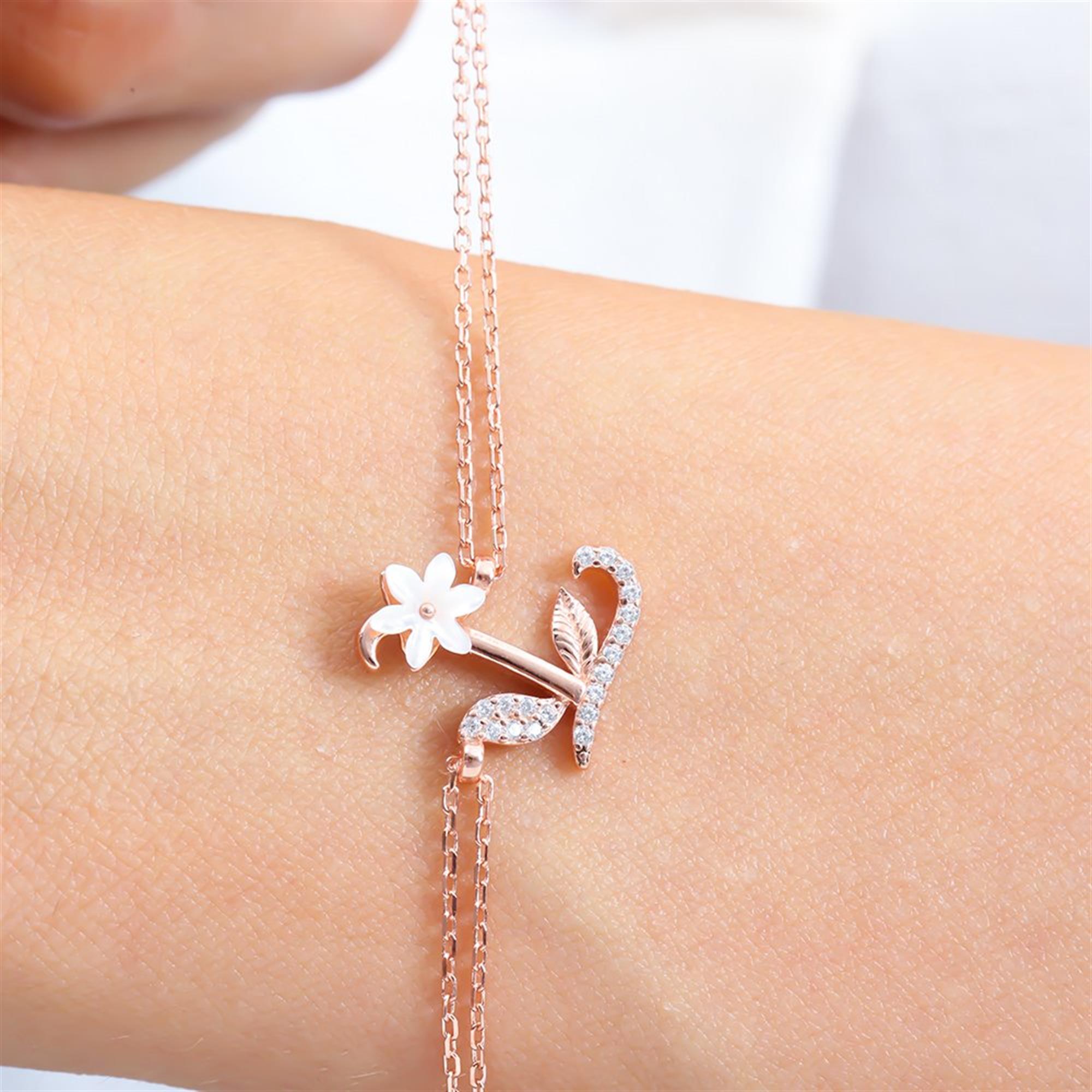 Sparkling Magnolia Flower Rose Gold 925 Sterling Silver Letter Bracelet
