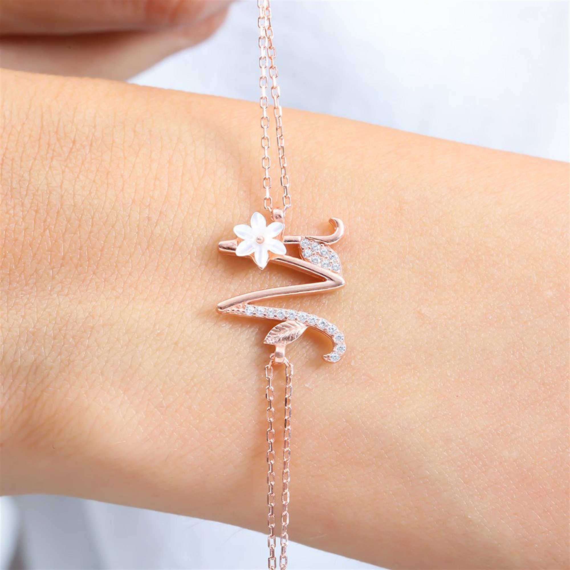 Sparkling Magnolia Flower Rose Gold 925 Sterling Silver Letter Bracelet