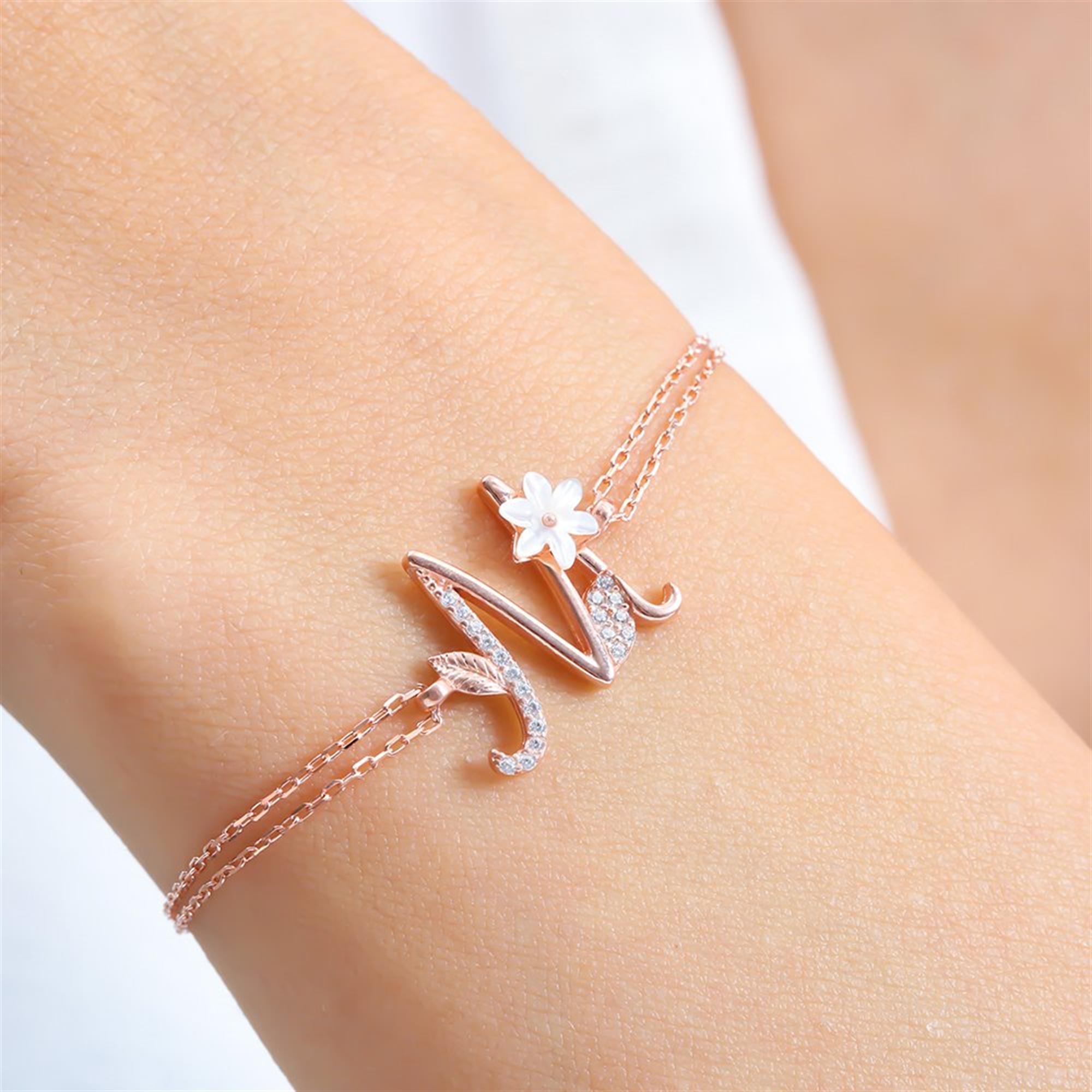 Sparkling Magnolia Flower Rose Gold 925 Sterling Silver Letter Bracelet