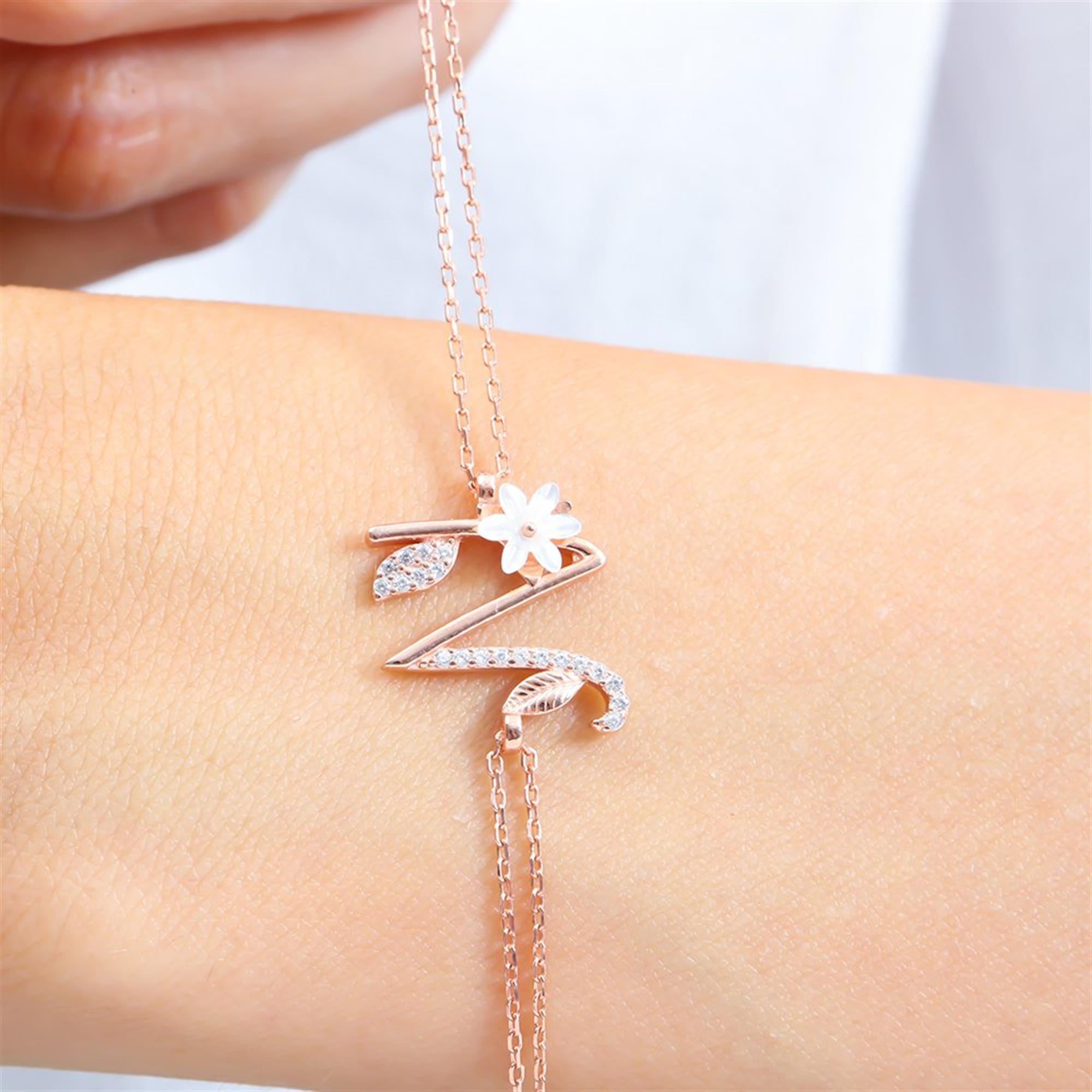 Sparkling Magnolia Flower Rose Gold 925 Sterling Silver Letter Bracelet