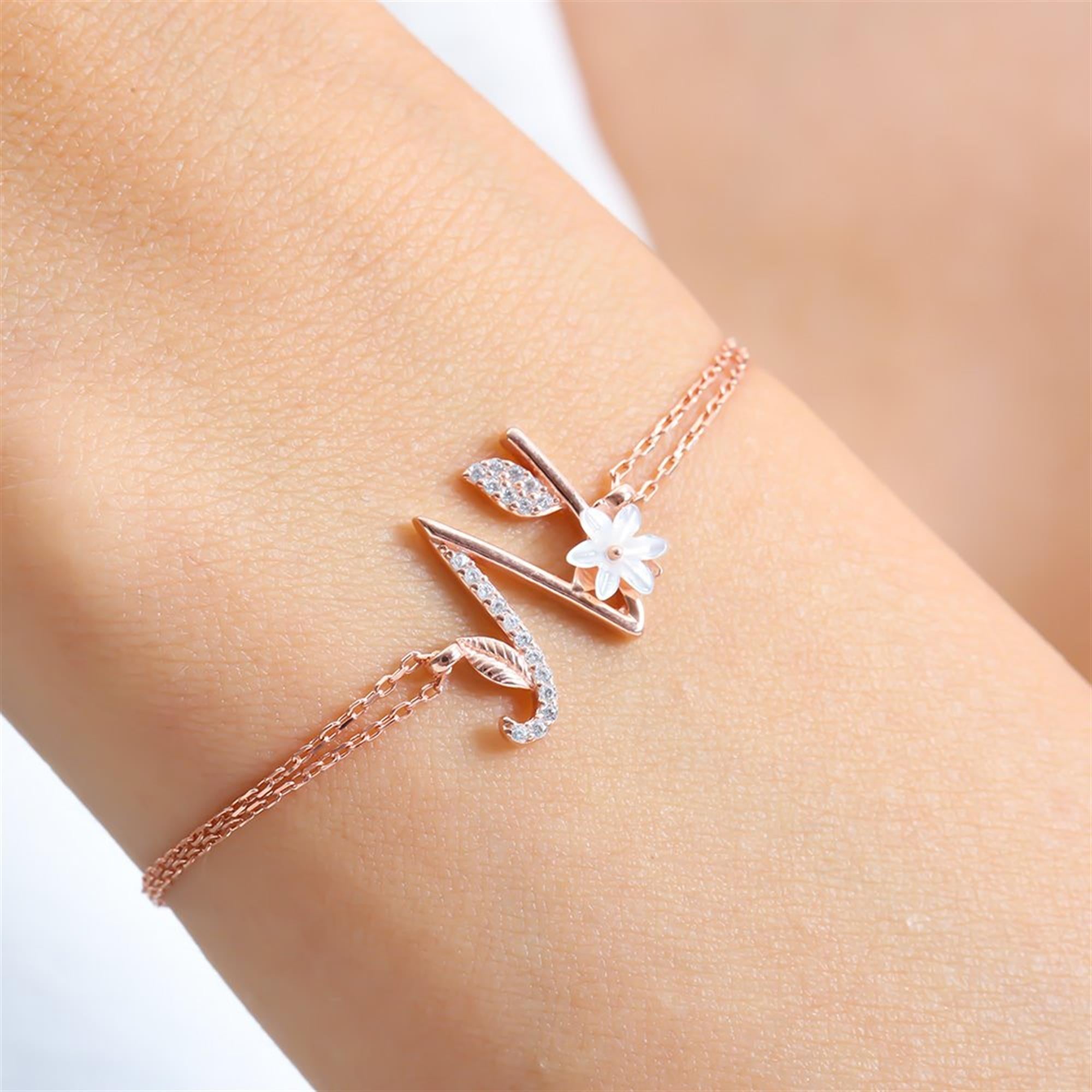 Sparkling Magnolia Flower Rose Gold 925 Sterling Silver Letter Bracelet