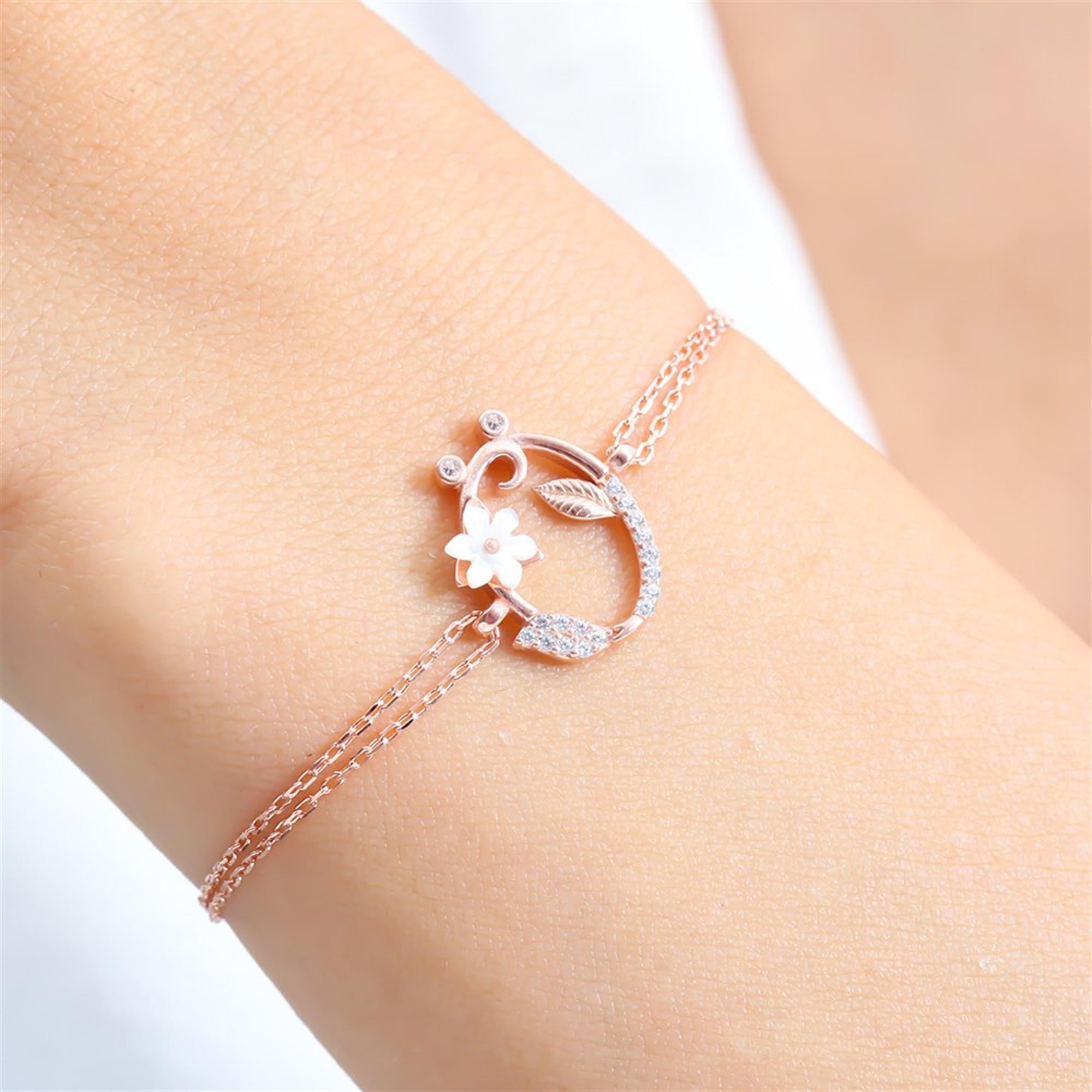 Sparkling Magnolia Flower Rose Gold 925 Sterling Silver Letter Bracelet