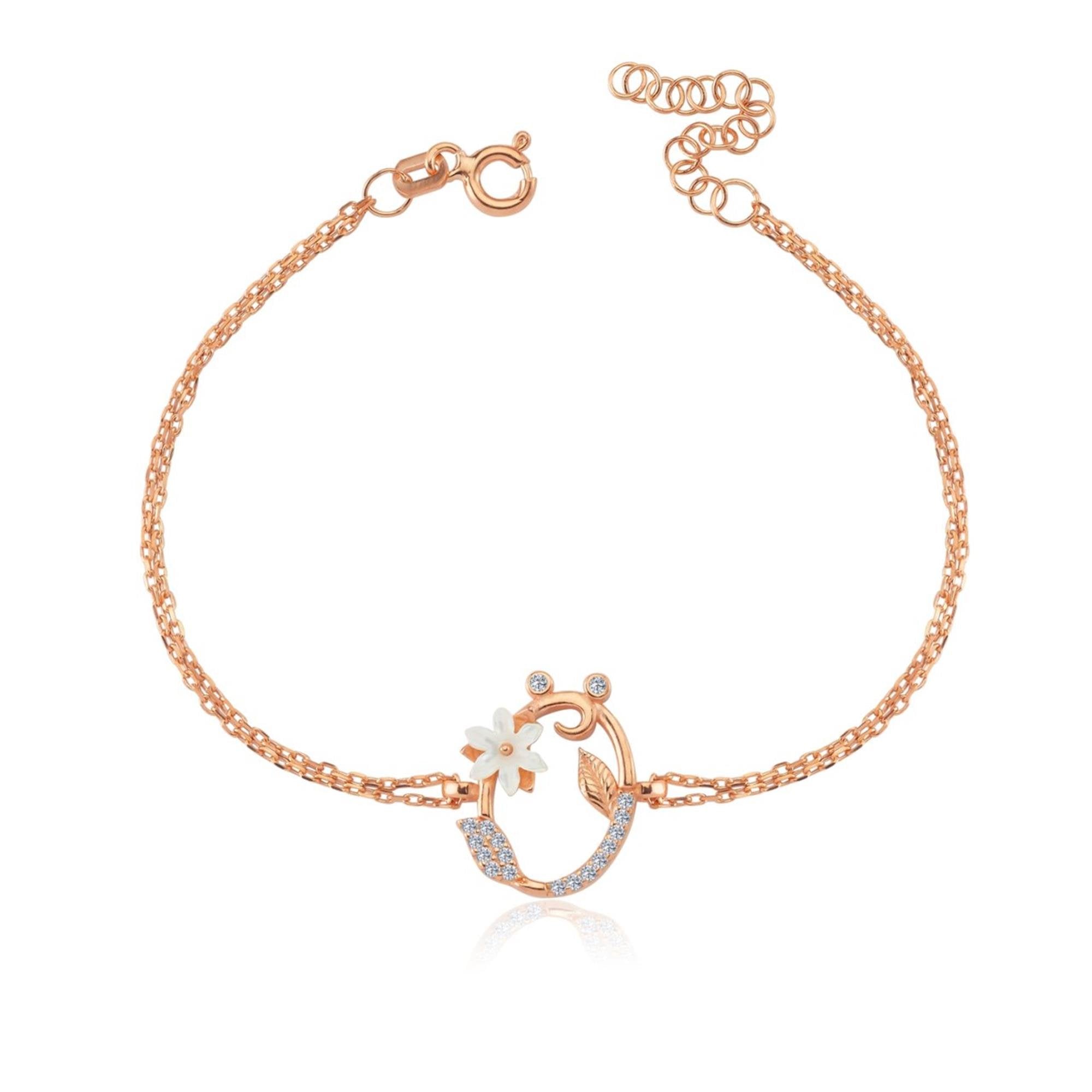 Sparkling Magnolia Flower Rose Gold 925 Sterling Silver Letter Bracelet
