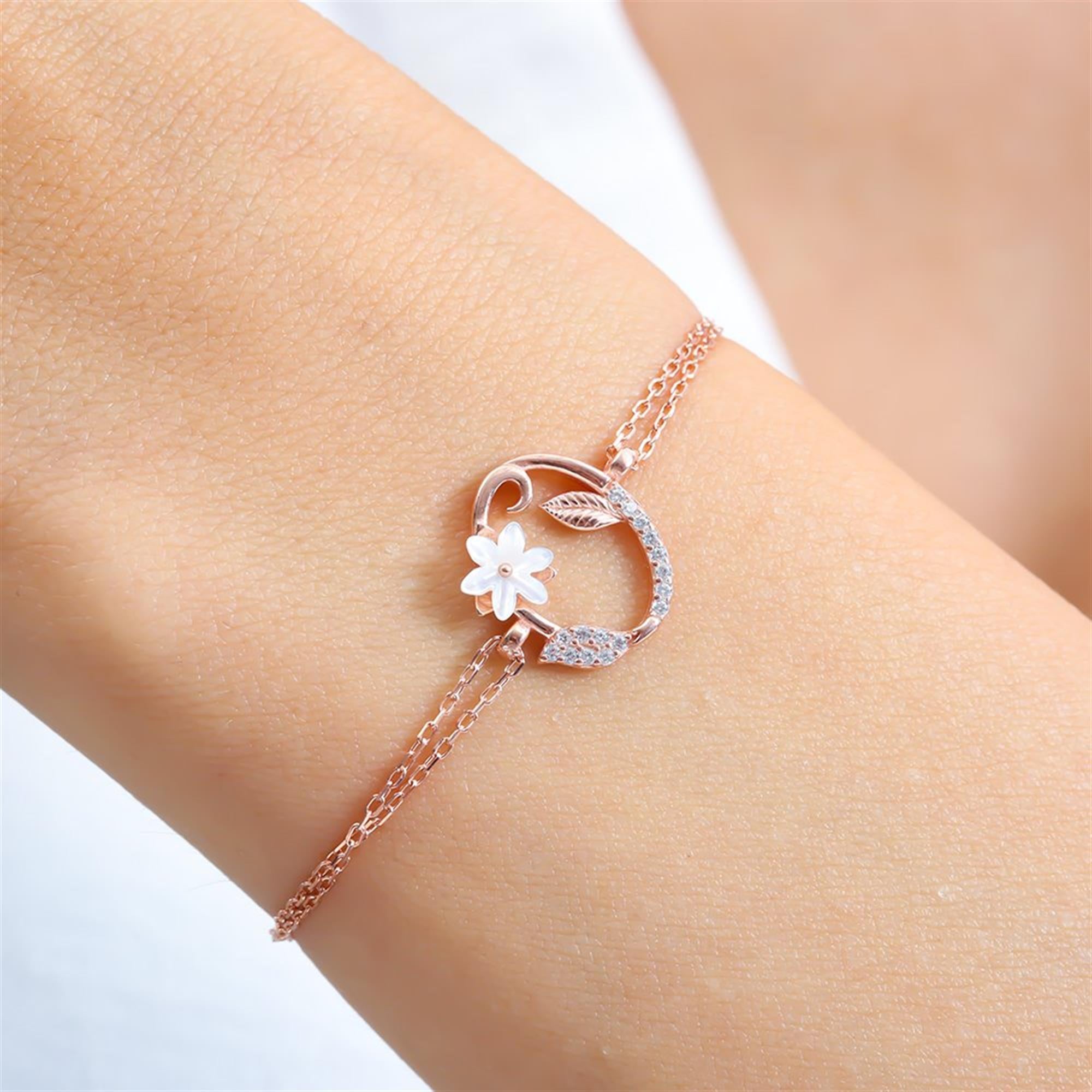 Sparkling Magnolia Flower Rose Gold 925 Sterling Silver Letter Bracelet