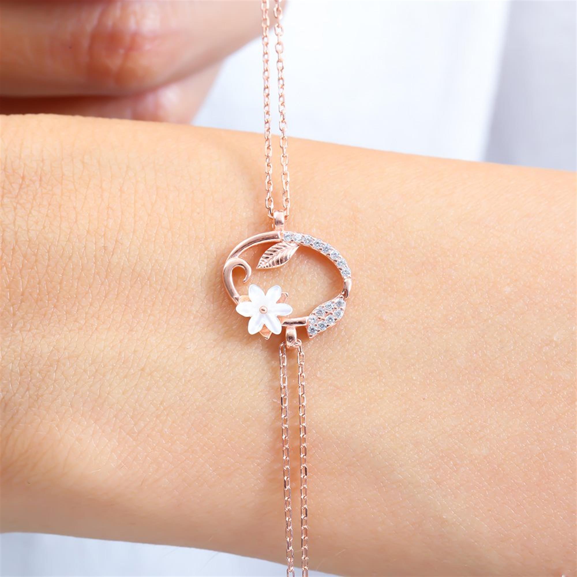 Sparkling Magnolia Flower Rose Gold 925 Sterling Silver Letter Bracelet