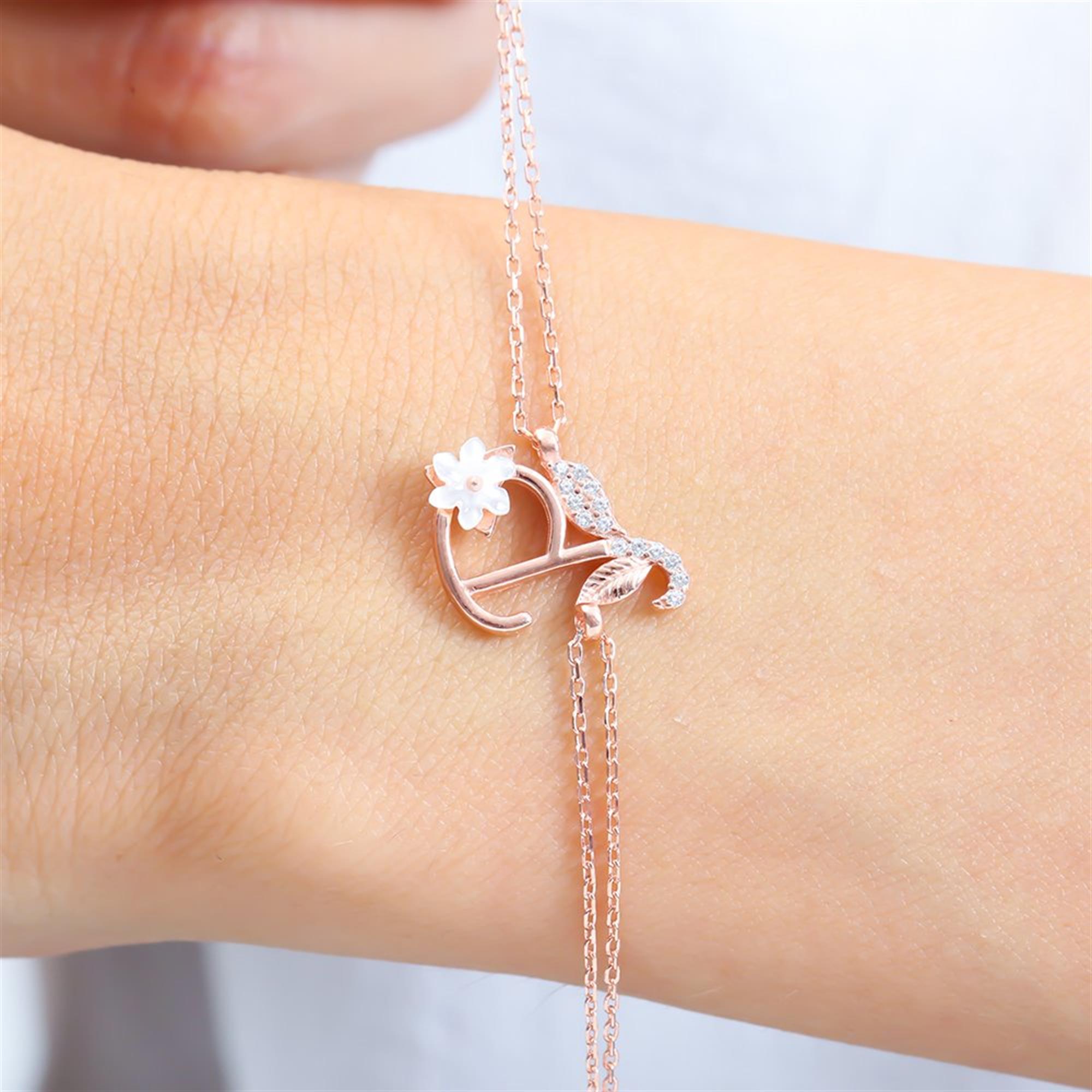 Sparkling Magnolia Flower Rose Gold 925 Sterling Silver Letter Bracelet