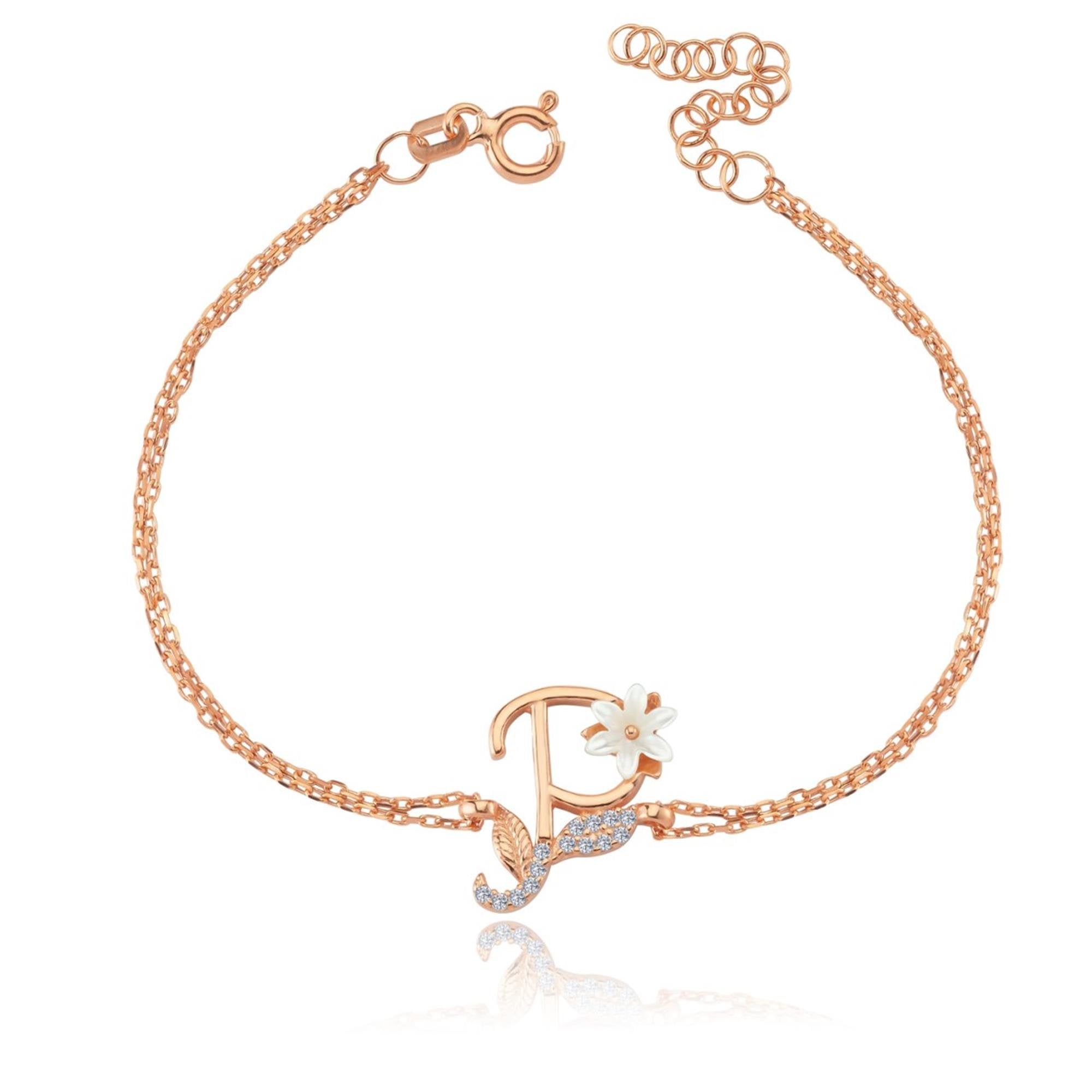 Sparkling Magnolia Flower Rose Gold 925 Sterling Silver Letter Bracelet
