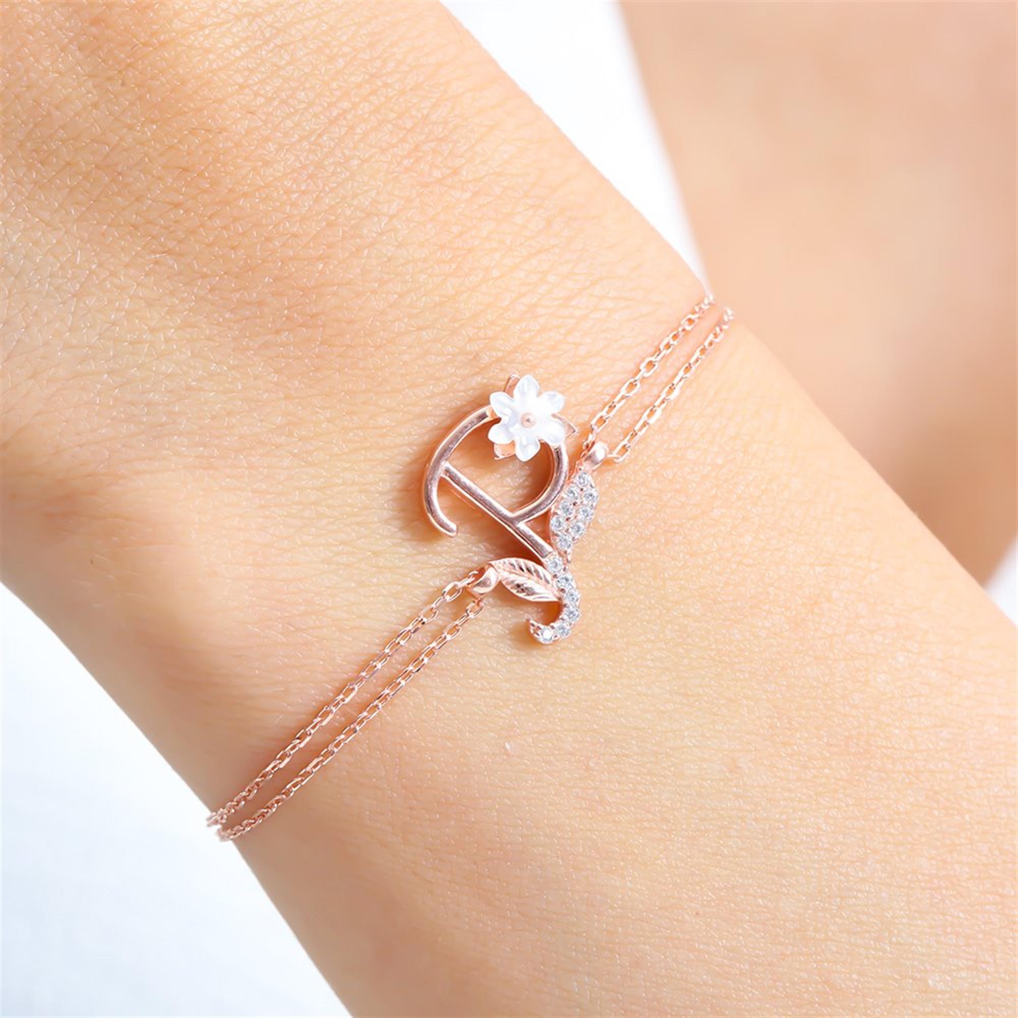 Sparkling Magnolia Flower Rose Gold 925 Sterling Silver Letter Bracelet