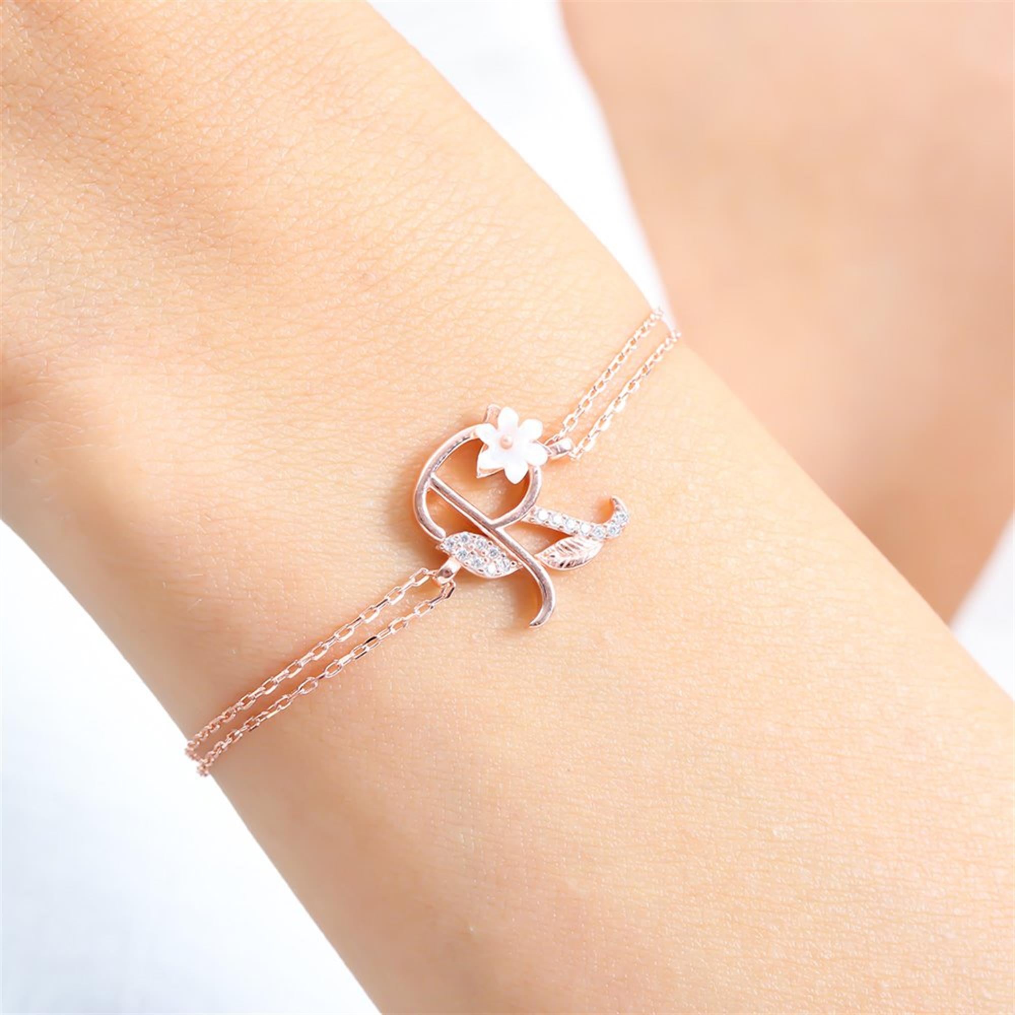 Sparkling Magnolia Flower Rose Gold 925 Sterling Silver Letter Bracelet