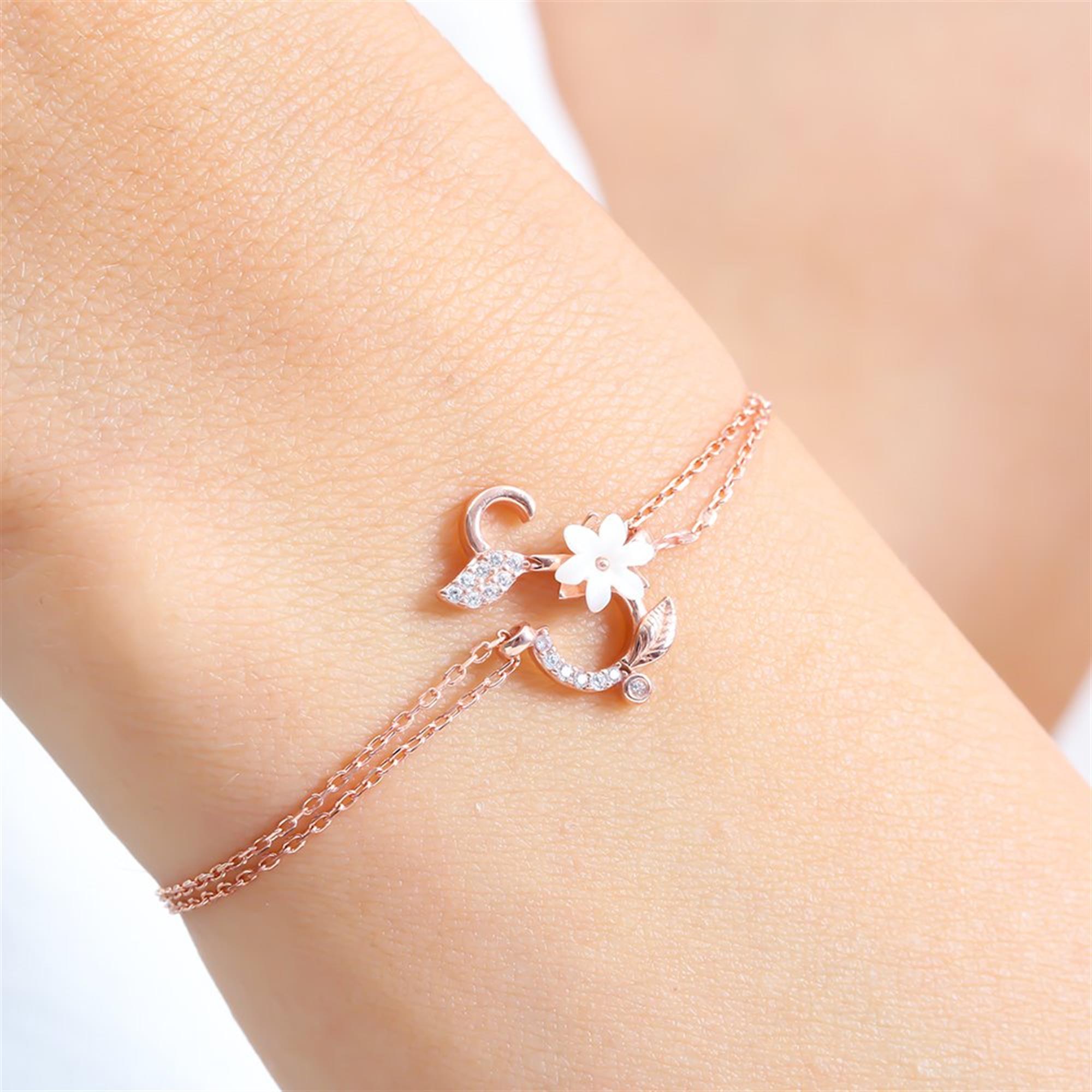 Sparkling Magnolia Flower Rose Gold 925 Sterling Silver Letter Bracelet