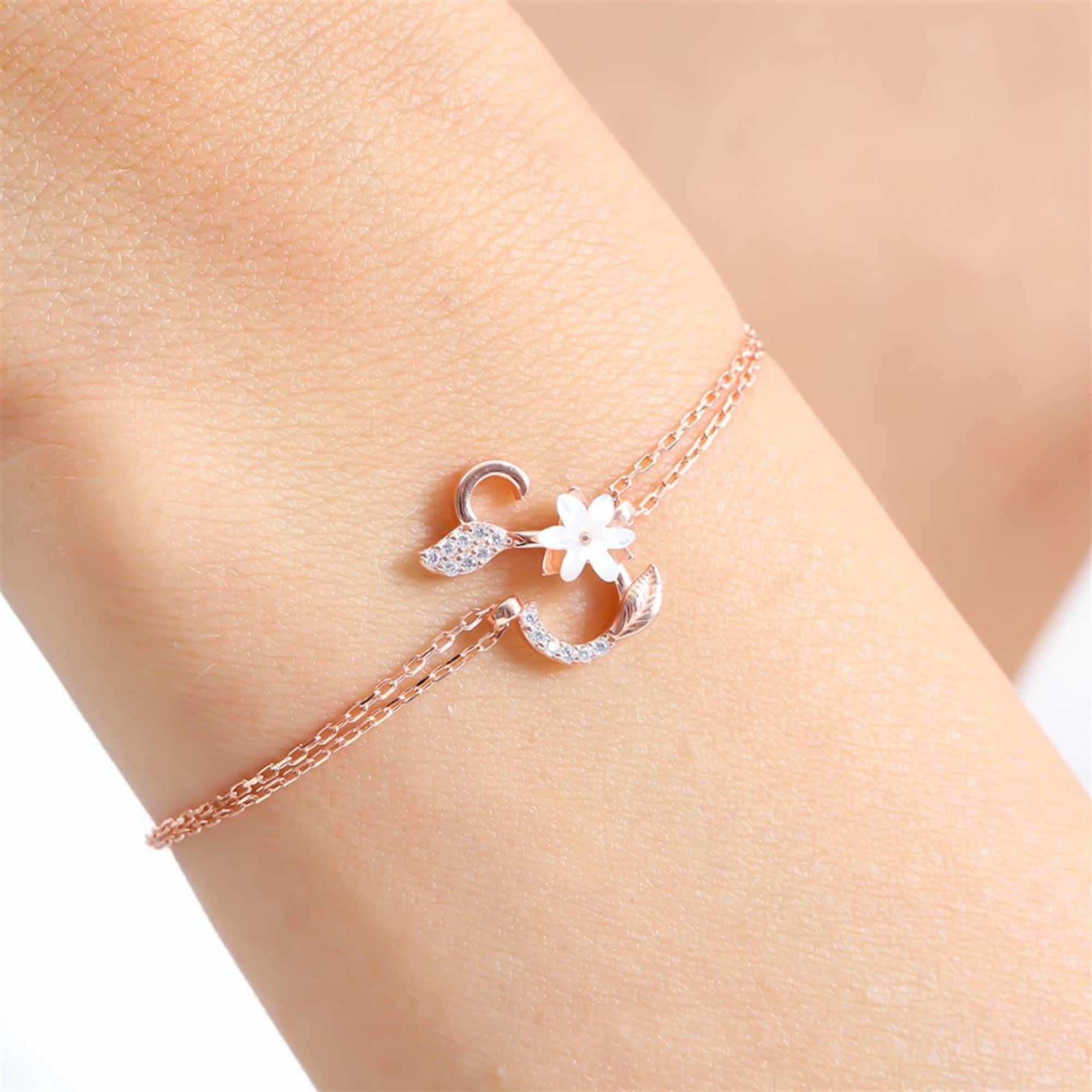 Sparkling Magnolia Flower Rose Gold 925 Sterling Silver Letter Bracelet