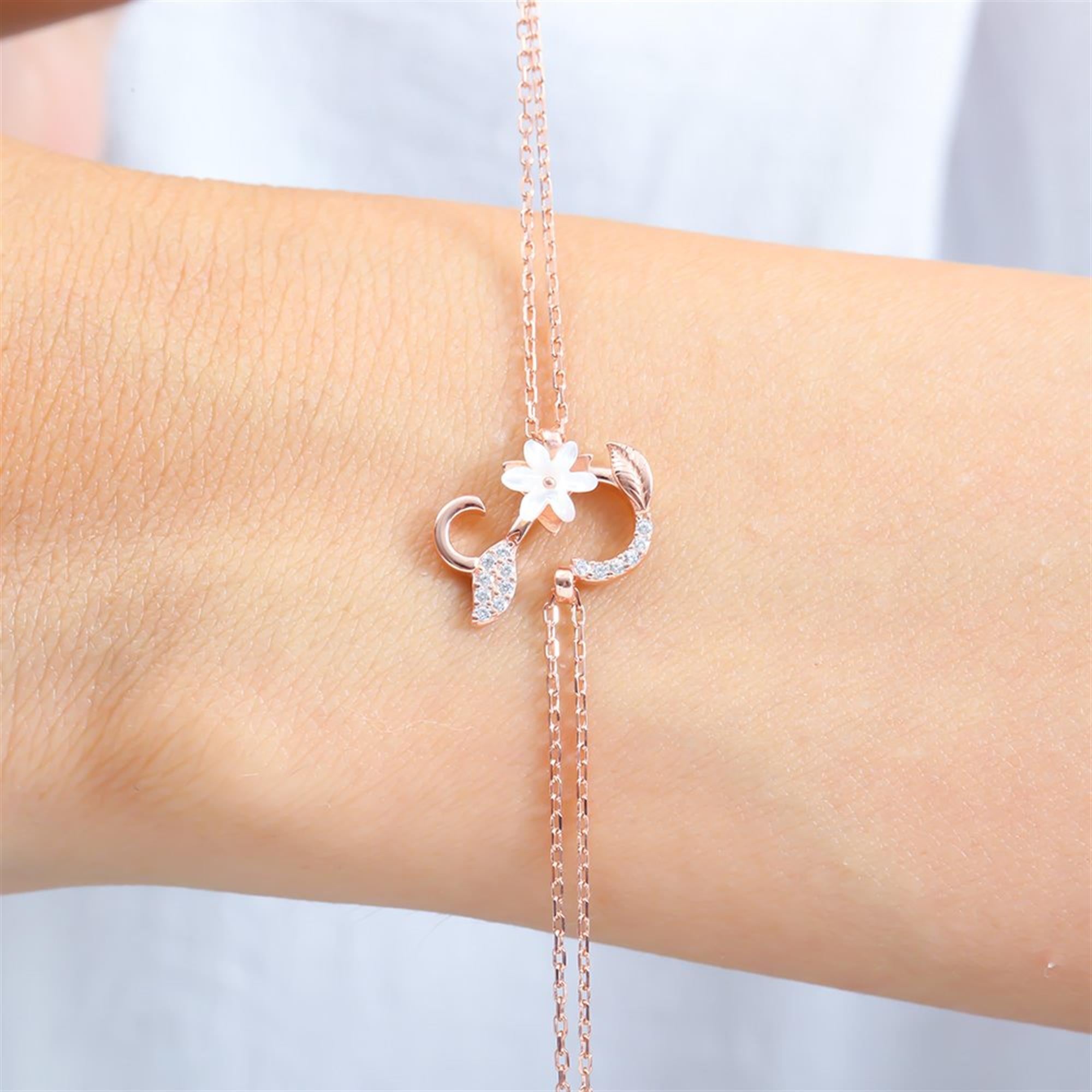 Sparkling Magnolia Flower Rose Gold 925 Sterling Silver Letter Bracelet