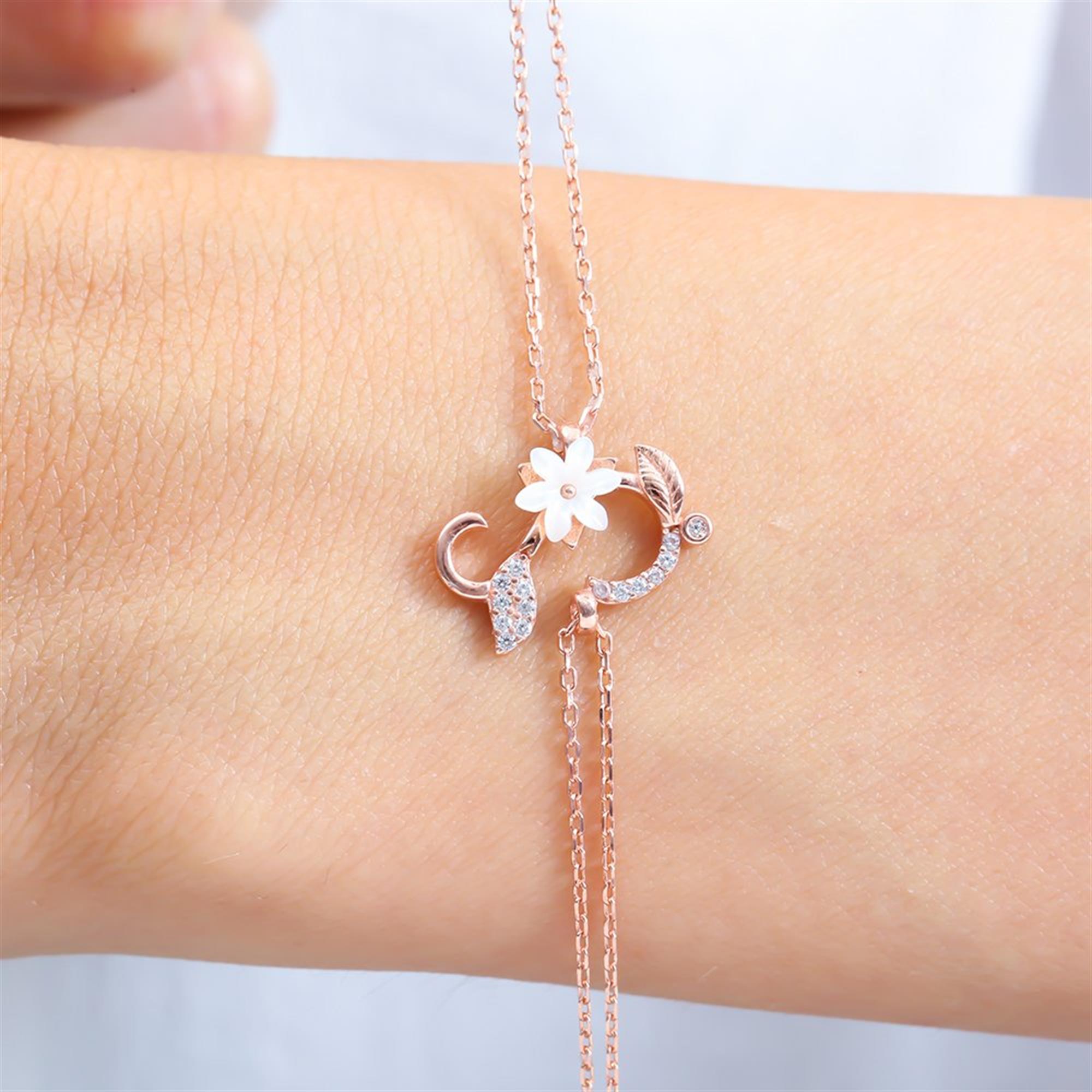 Sparkling Magnolia Flower Rose Gold 925 Sterling Silver Letter Bracelet