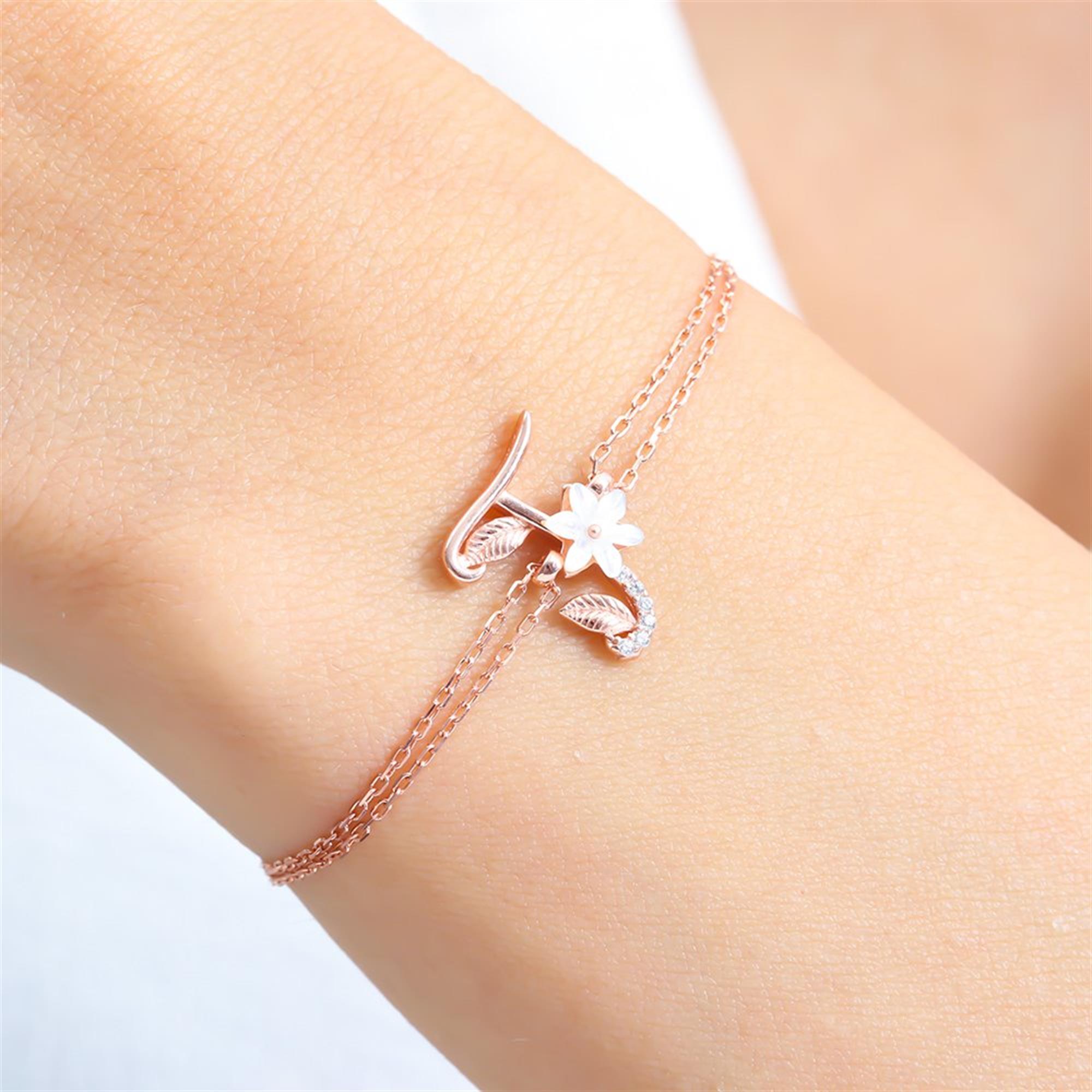 Sparkling Magnolia Flower Rose Gold 925 Sterling Silver Letter Bracelet