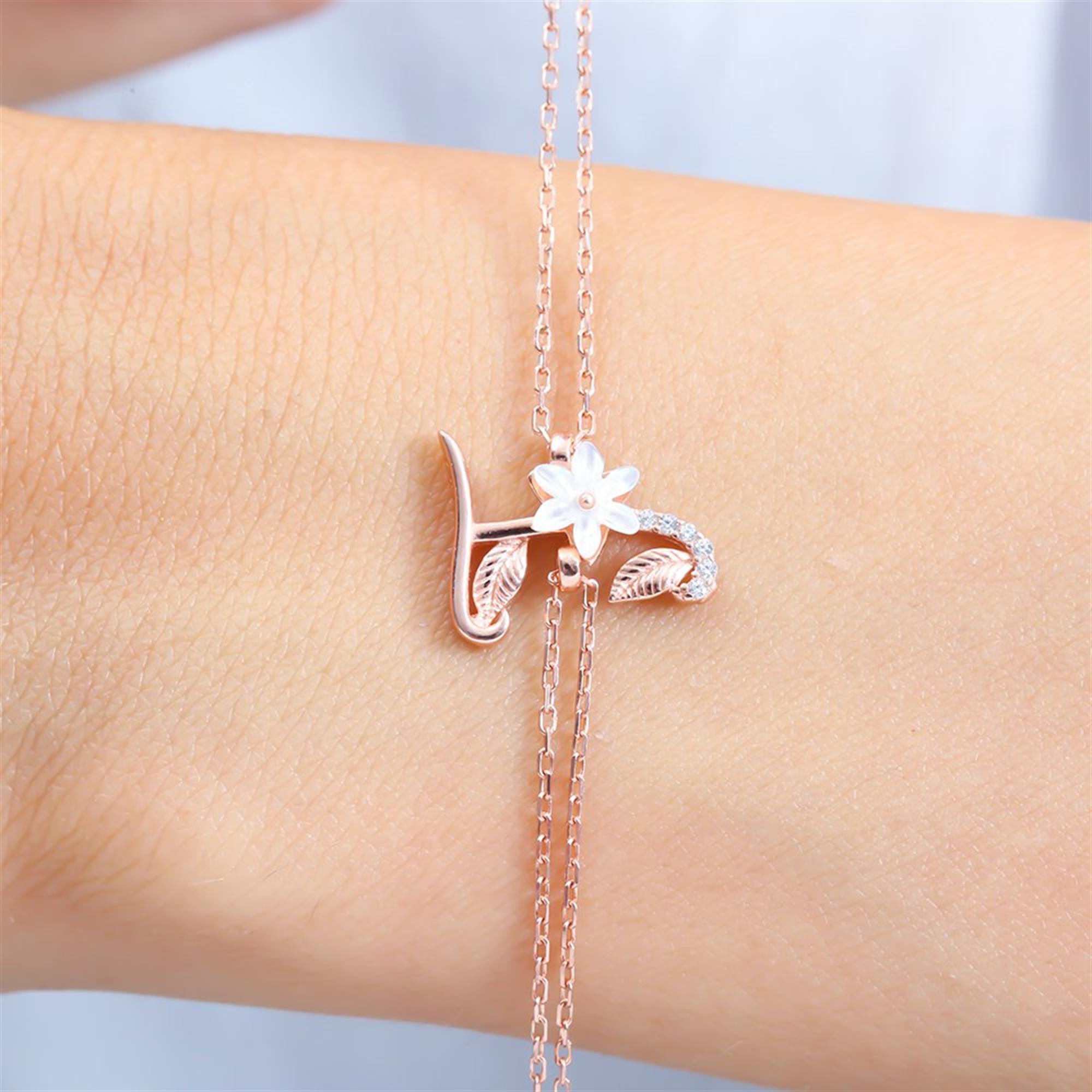 Sparkling Magnolia Flower Rose Gold 925 Sterling Silver Letter Bracelet