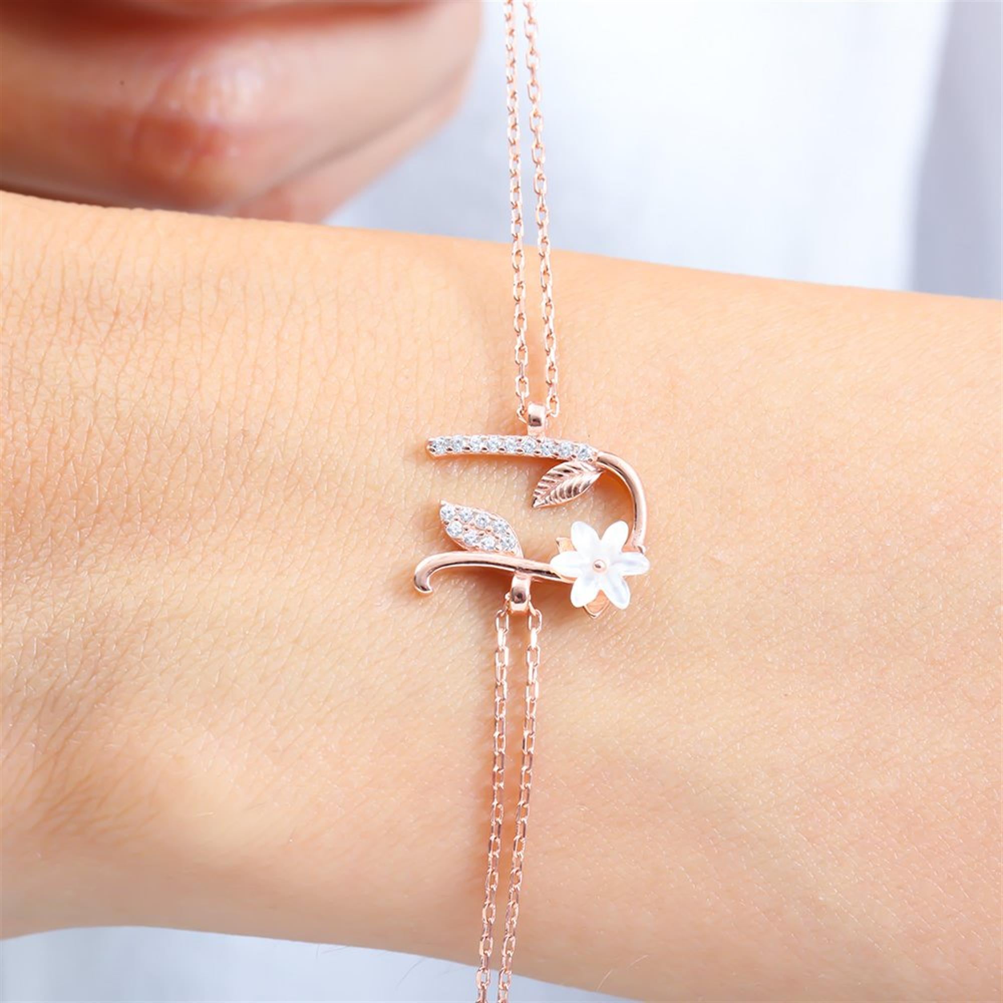 Sparkling Magnolia Flower Rose Gold 925 Sterling Silver Letter Bracelet