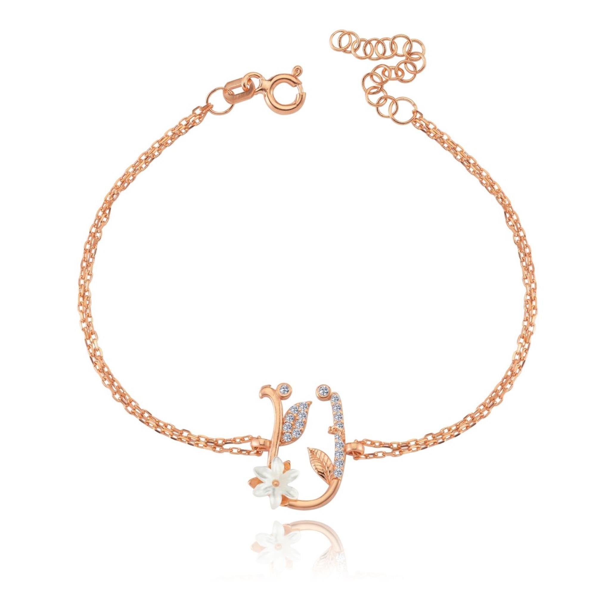 Sparkling Magnolia Flower Rose Gold 925 Sterling Silver Letter Bracelet