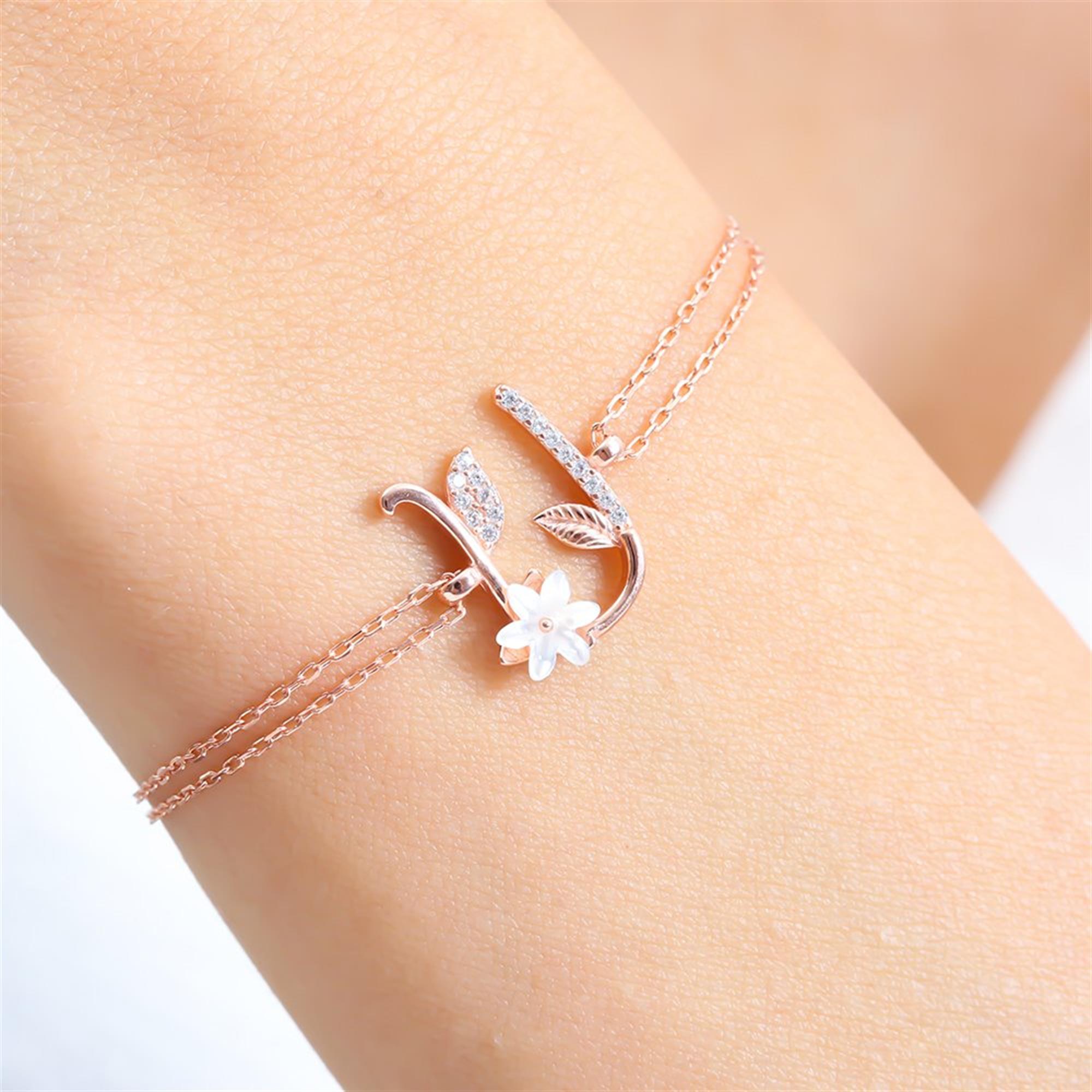 Sparkling Magnolia Flower Rose Gold 925 Sterling Silver Letter Bracelet