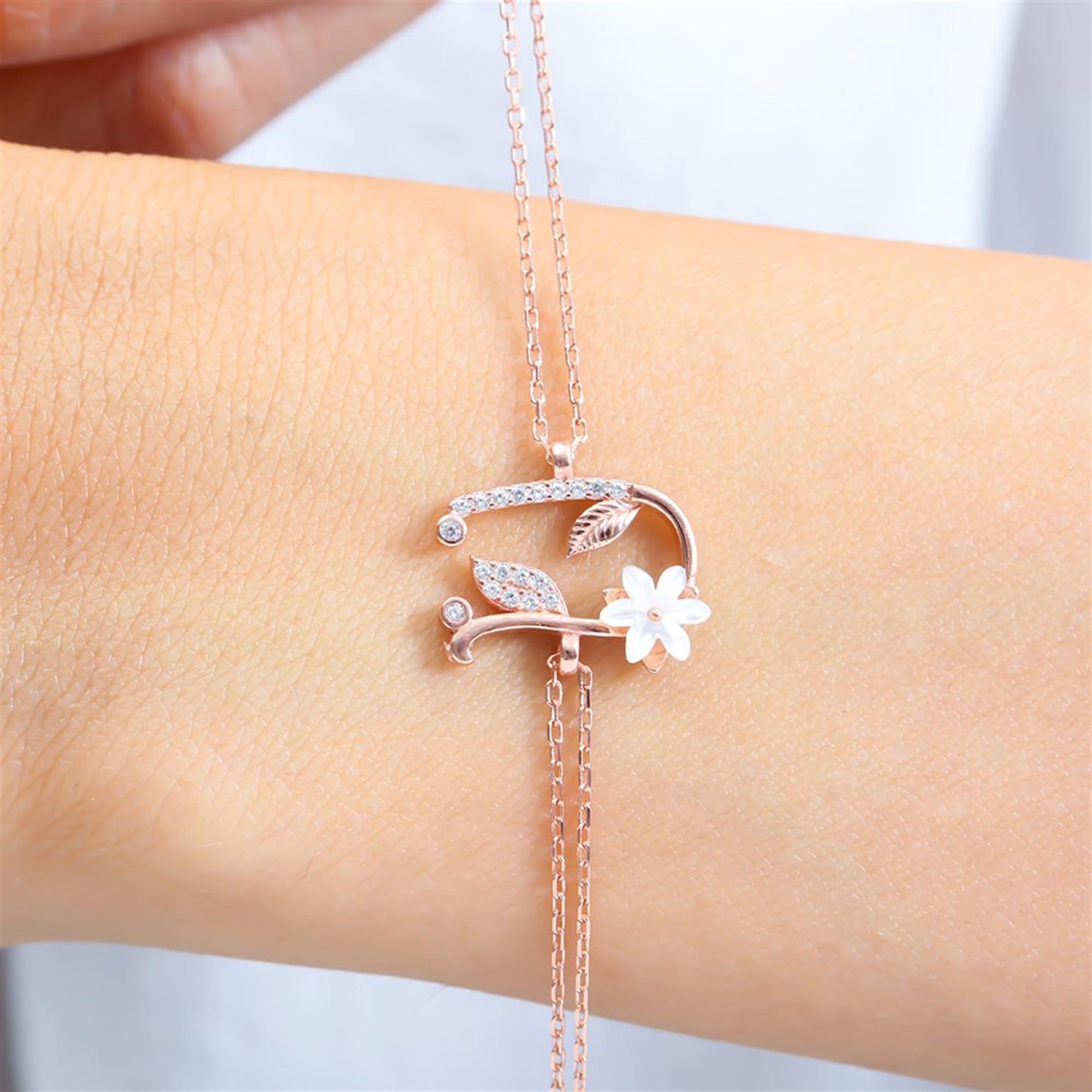 Sparkling Magnolia Flower Rose Gold 925 Sterling Silver Letter Bracelet