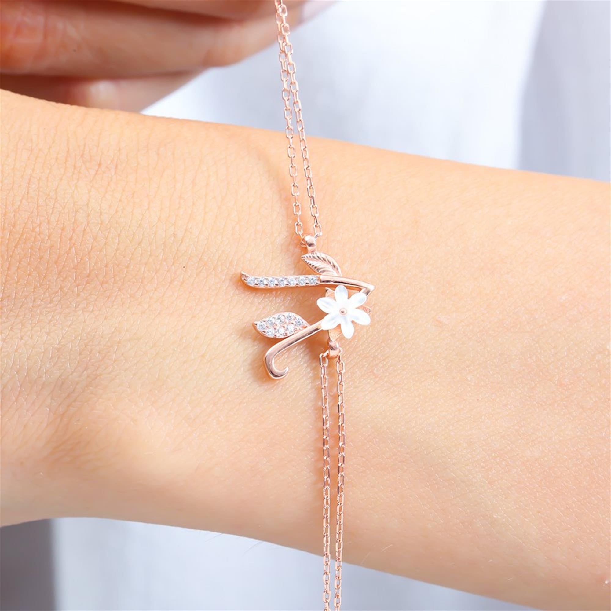 Sparkling Magnolia Flower Rose Gold 925 Sterling Silver Letter Bracelet